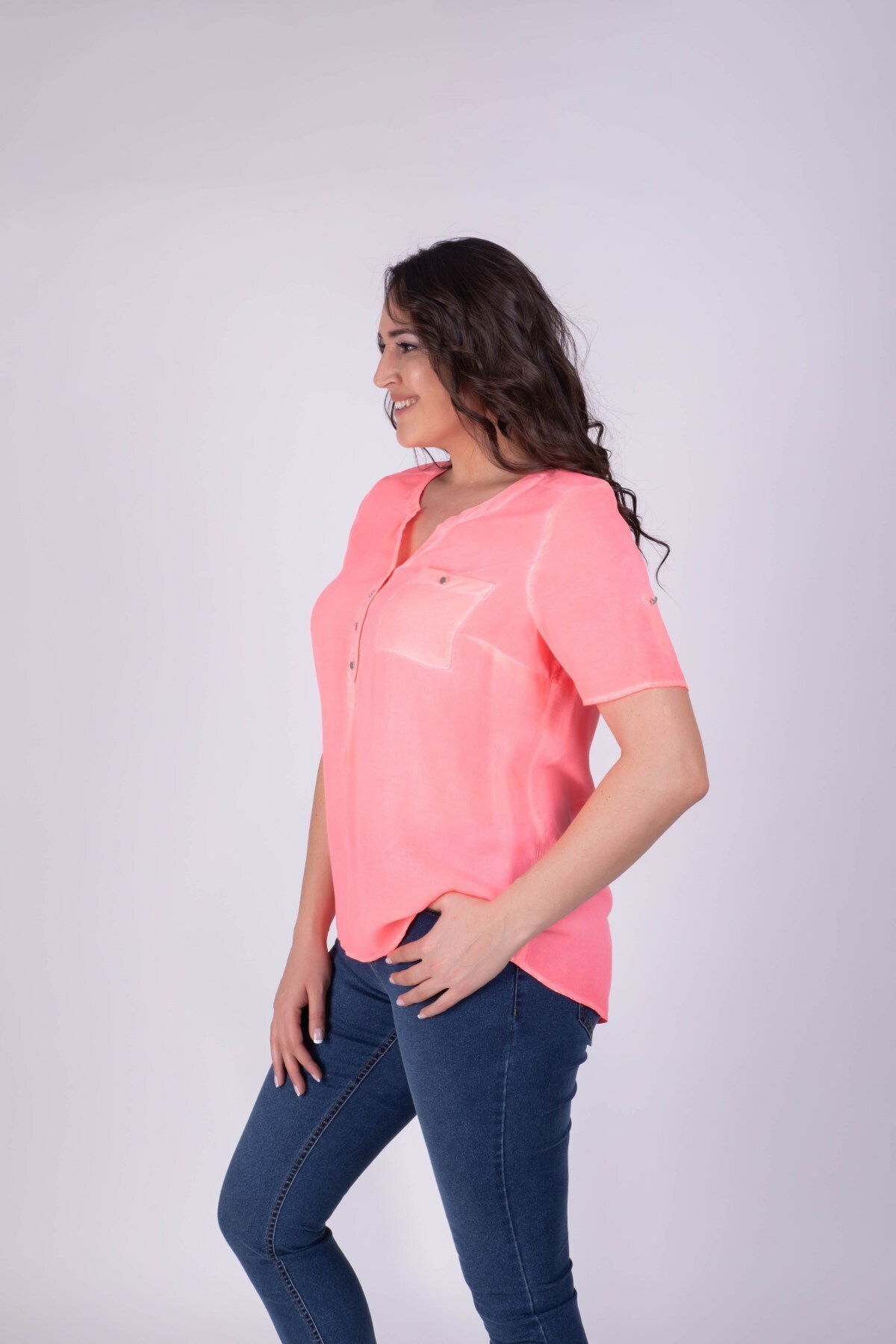 MYLİNE-Open Collar Half Sleeve Blouse 3