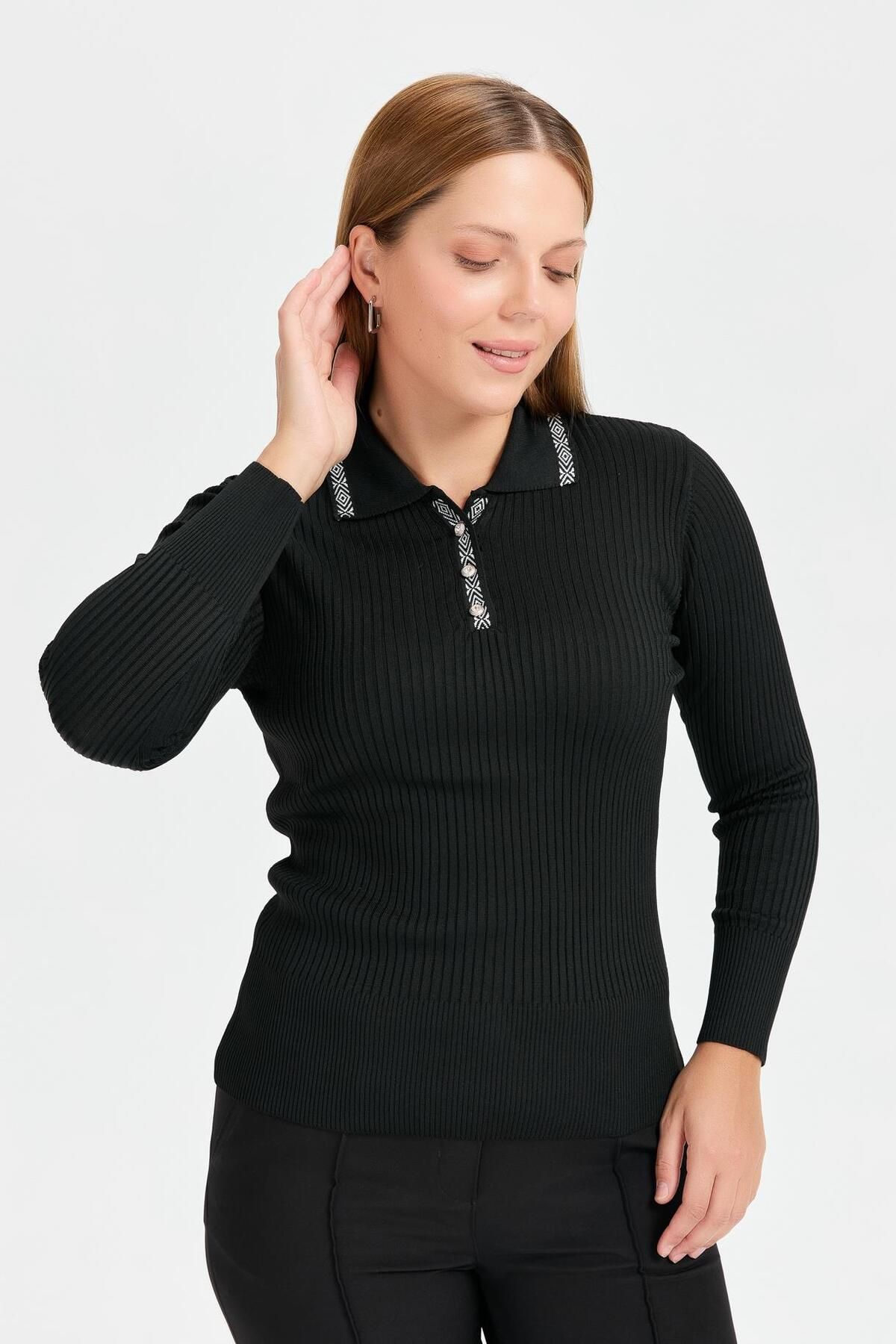 accort-Large Size Ribbed V-Neck Sweater - Black 6