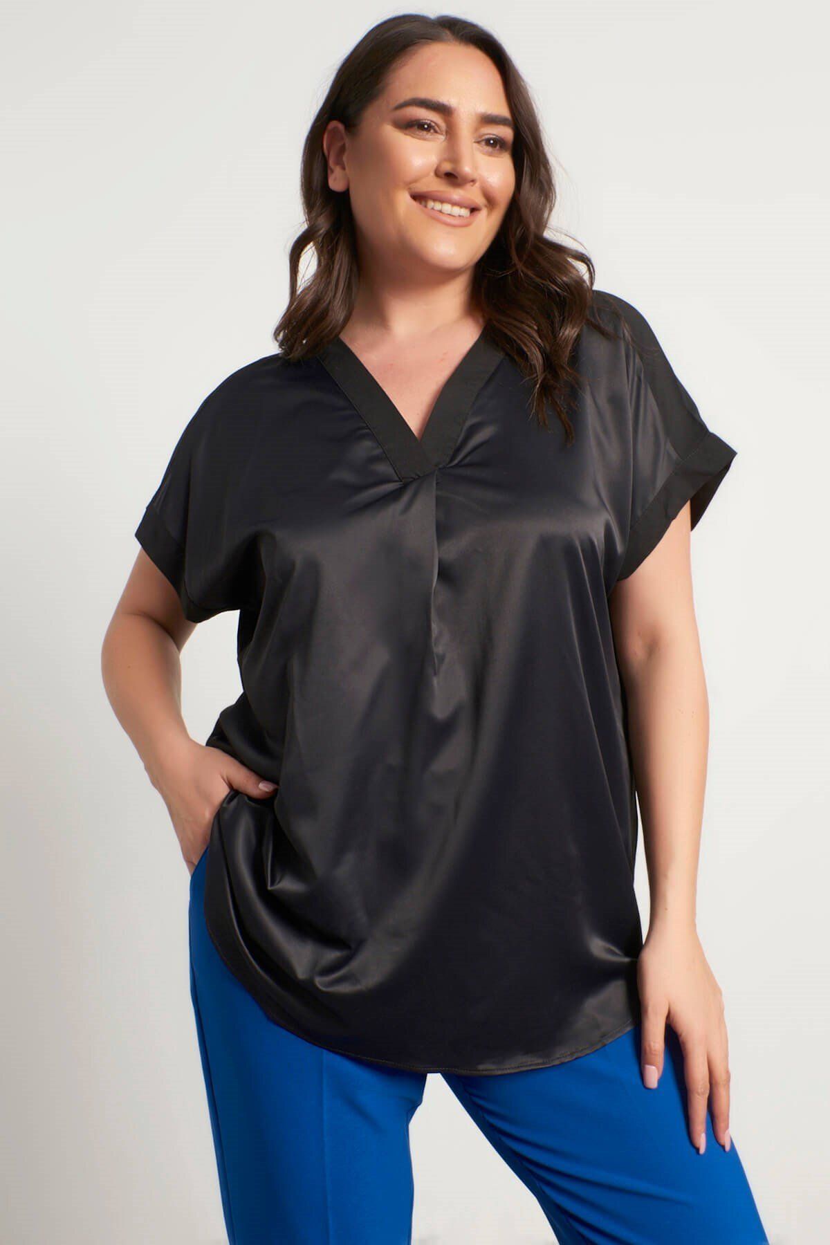 MYLİNE-V-Neck Short Sleeve Satin Blouse 1