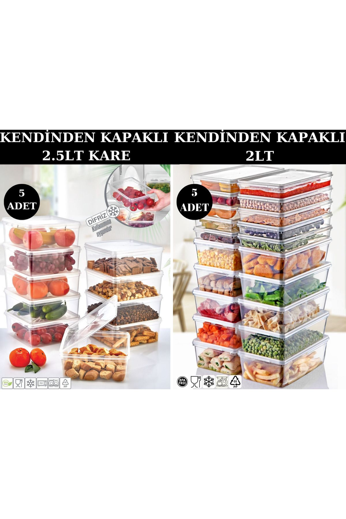 PONÇİK STORE-مجموعة من 10 5 قطع مربعة 2.5 لتر 5 قطع 2 لتر حاوية تخزين ذاتية الغطاء مناسبة للفريزر العميق 1