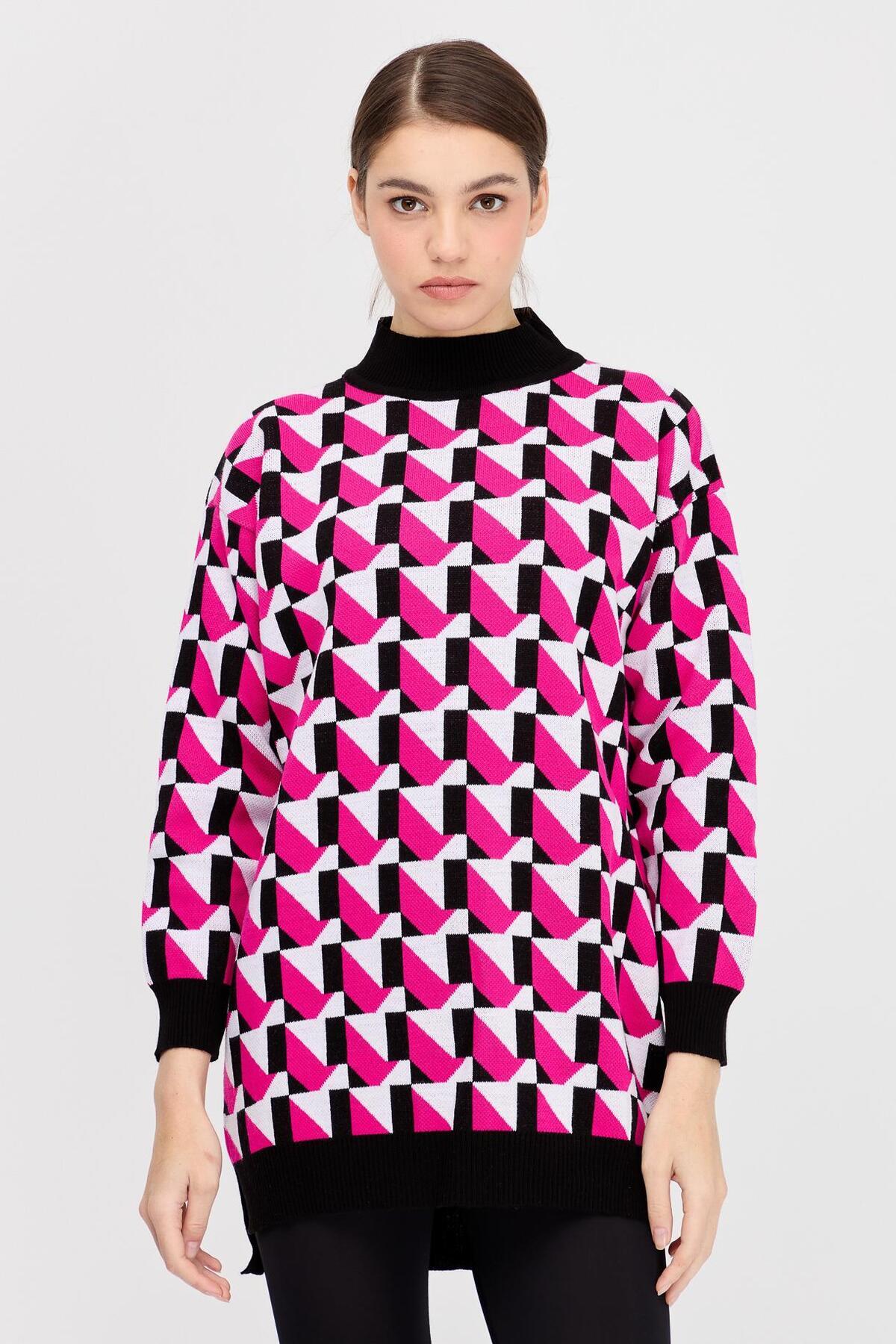 accort-Half Fisherman Patterned Knitwear Tunic-Fujia/Ecru 2