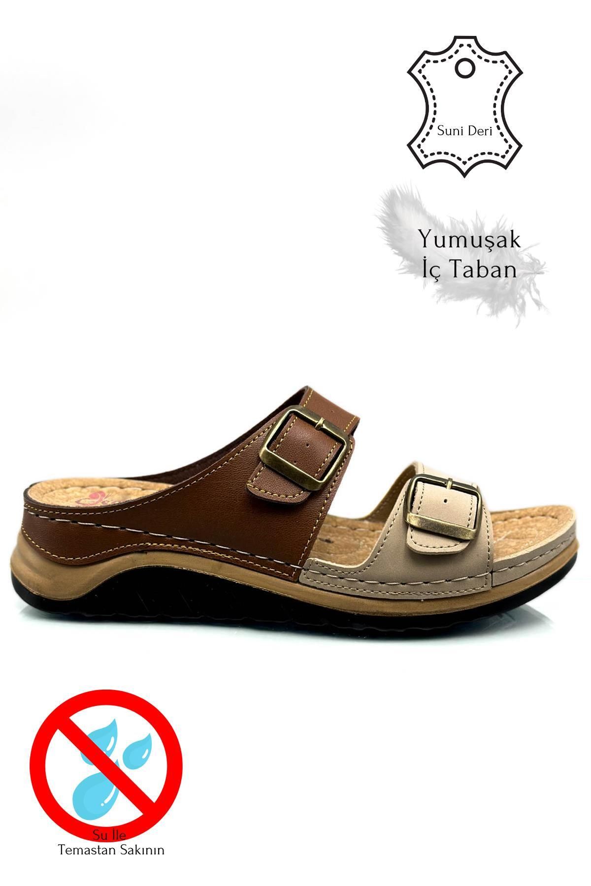 Moda Anna-Απαλές και ελαφριές γυναικείες αθλητικές παντόφλες - Διπλή αγκράφα, χοντρή σόλα 521/1 - Tan Mink 6