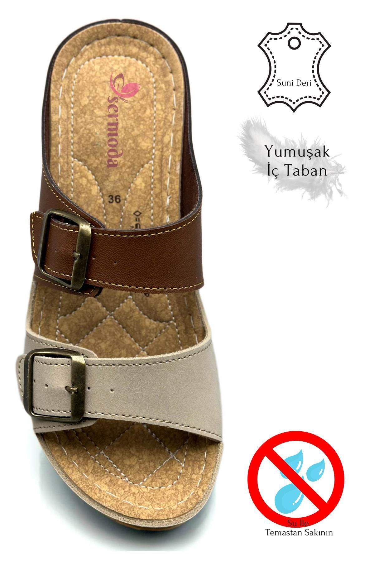 Moda Anna-Απαλές και ελαφριές γυναικείες αθλητικές παντόφλες - Διπλή αγκράφα, χοντρή σόλα 521/1 - Tan Mink 4