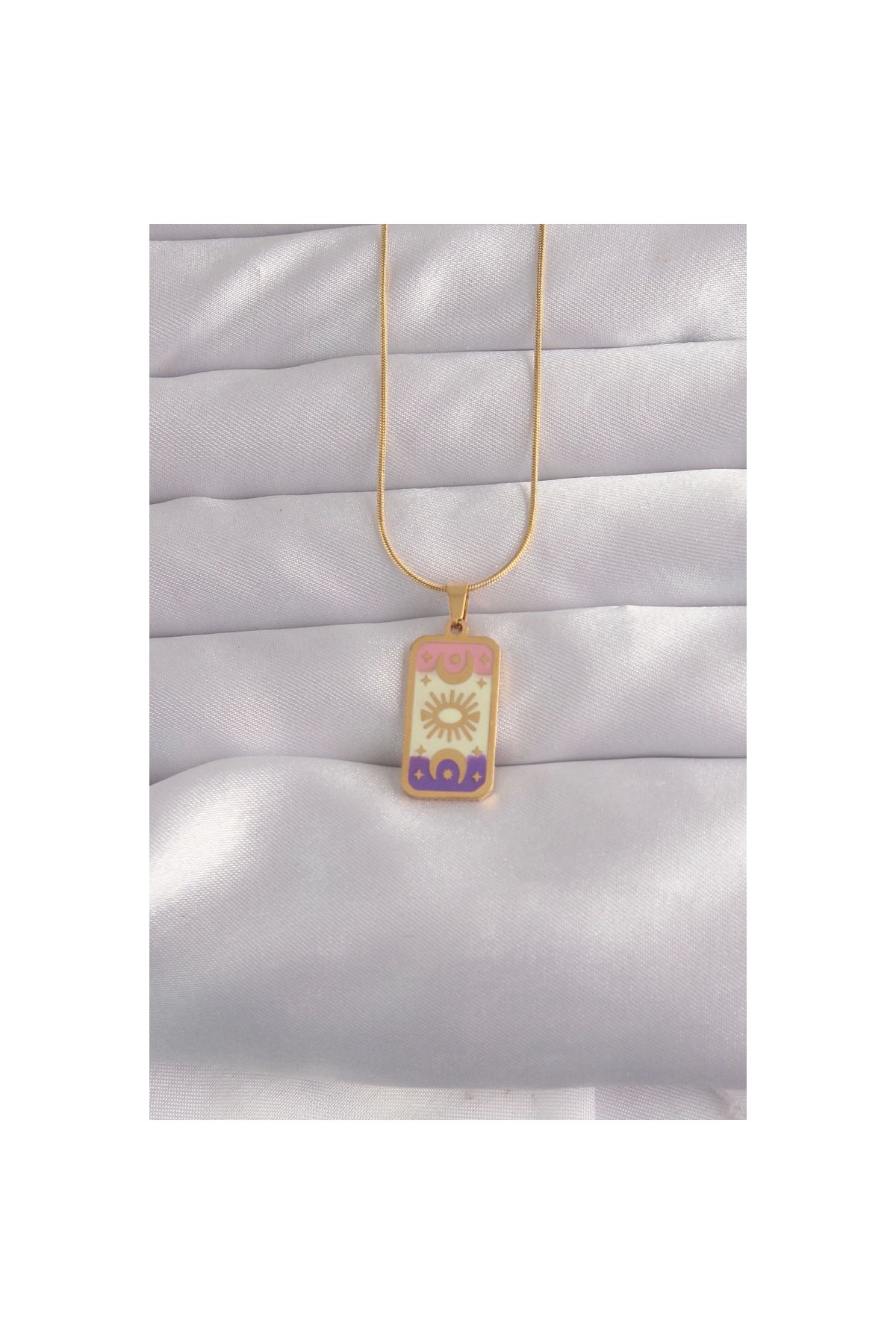Narnuga 316L Çelik Gold Renk Karışık Mineli Ay Figür Tarot Kolye - TJ-BKO9032