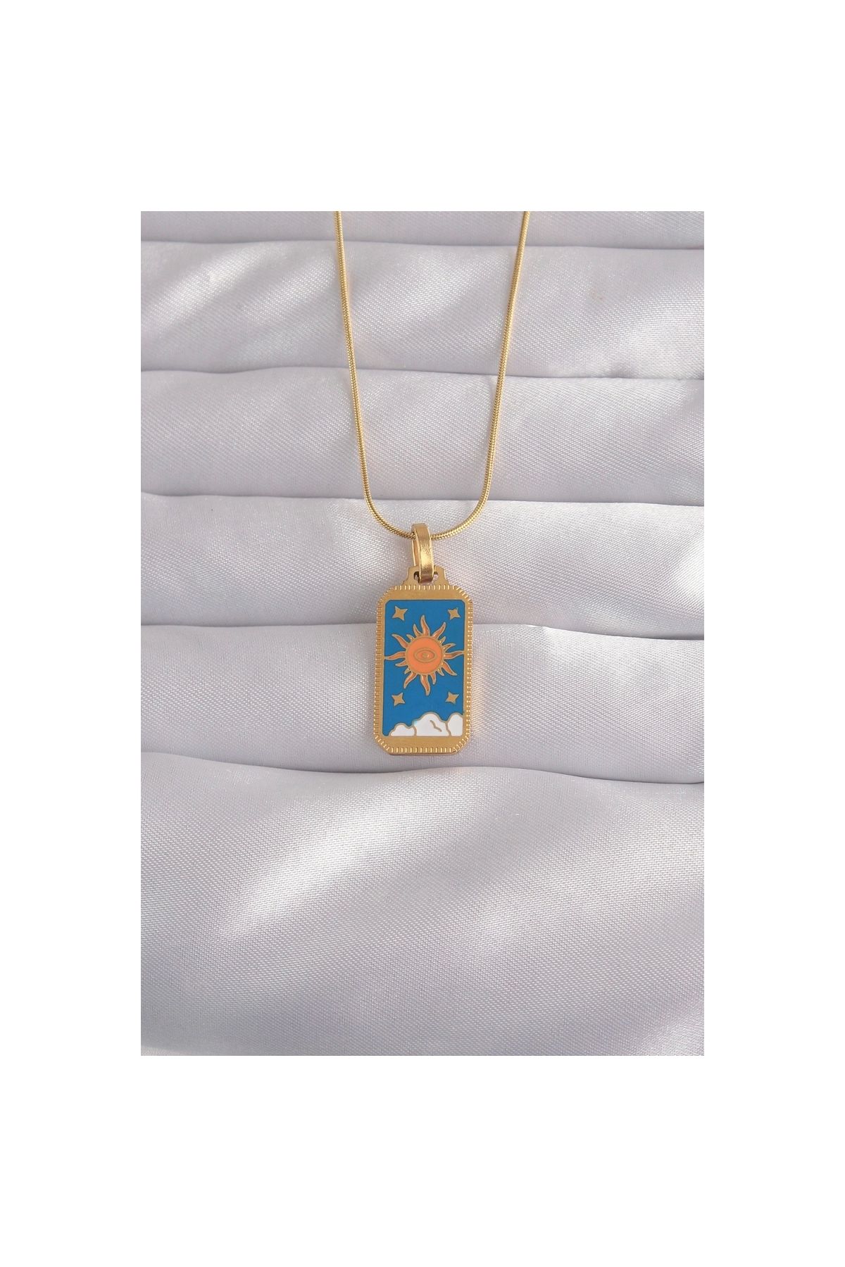 Narnuga 316L Çelik Gold Renk Mavi Mineli Güneş Model Tarot Kolye - TJ-BKO9026