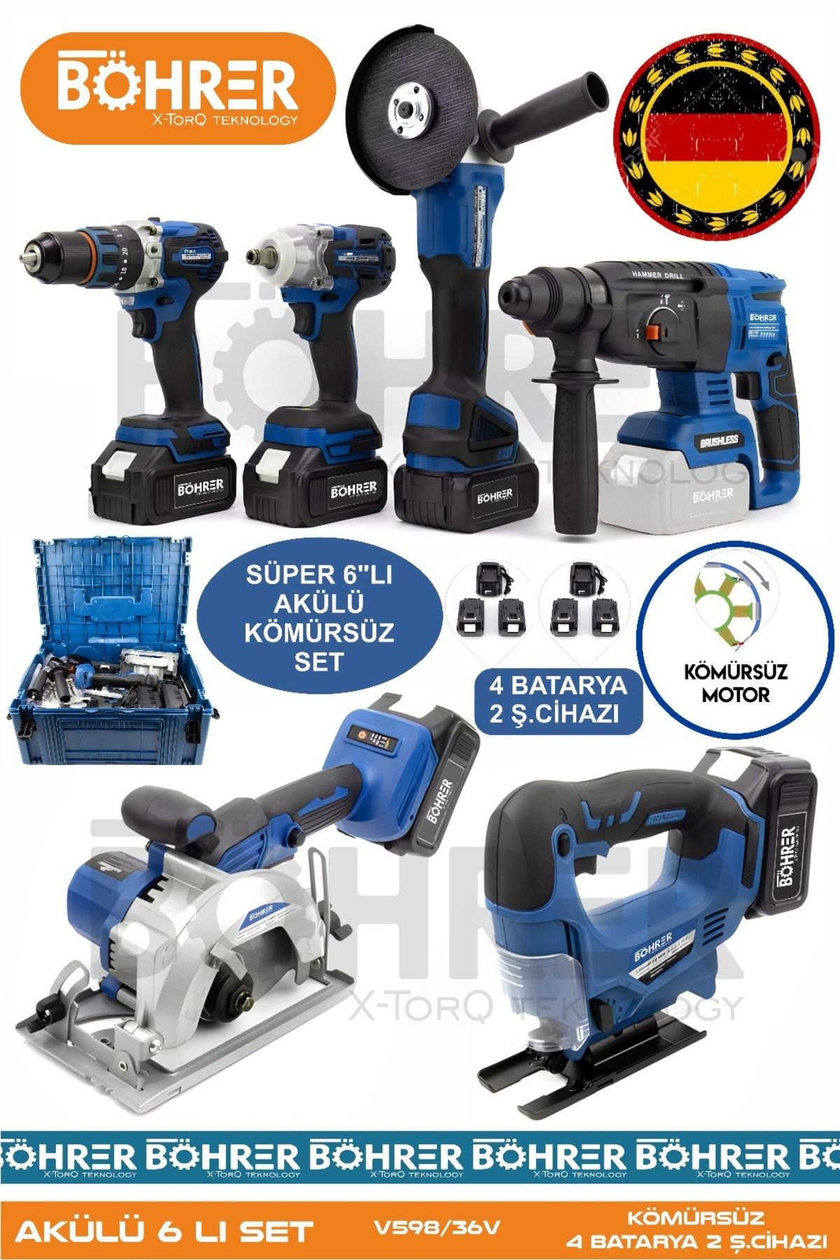 BÖHRER Alman 4 Akülü 2 Şarjlı Kömürsüz V598 5ah Profesyonel 6 Makine Kombo Set ,blue