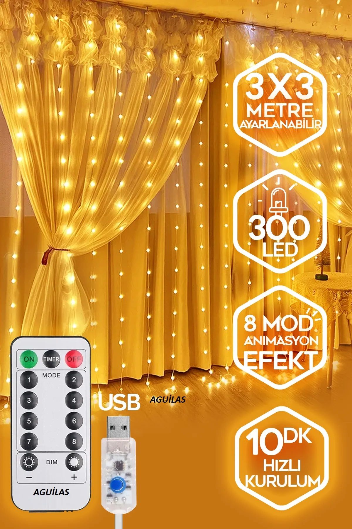 300 Ledli 10 Sarkıt Perde Led Işık-8 Fonksiyon, Uzaktan Kumandalı, 3x3 Metre