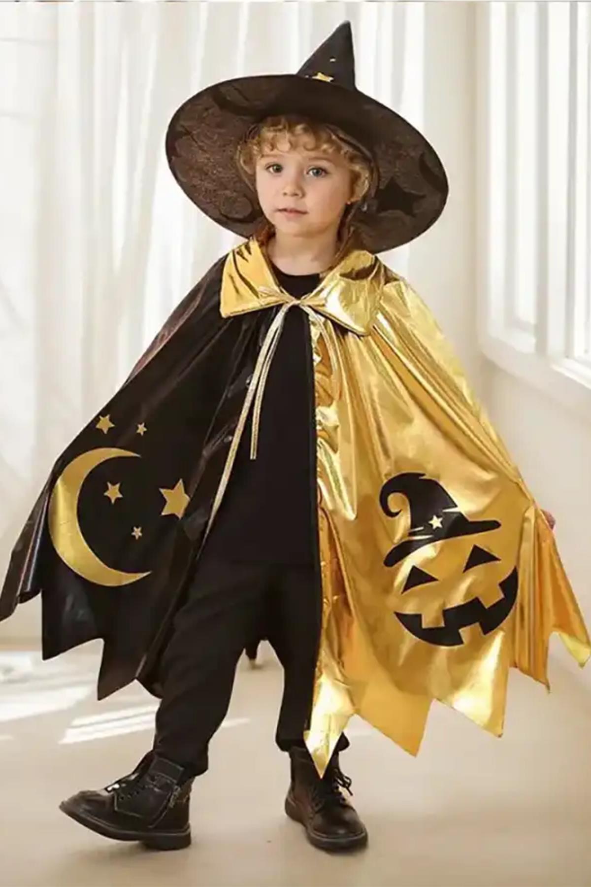 Patladı Gitti Halloween Cadılar Bayramı Çocuklar İçin Cadı Şapkası ve Pelerin Seti