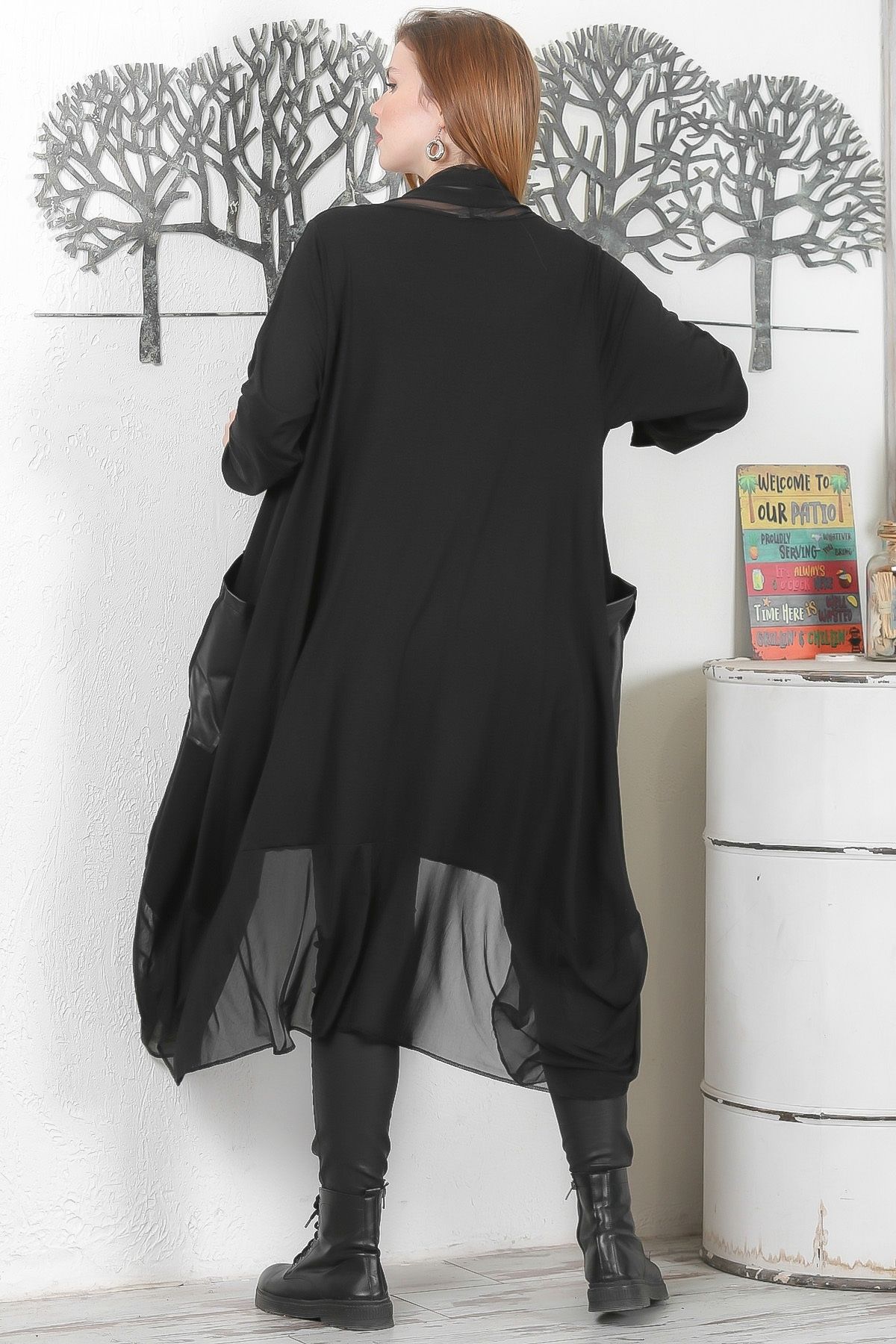 Chiccy-Black Shawl Collar Long Sleeve Non-Closing Double Pocket Tulle Leather Garnished Casual Loose Knitted Jacket 8