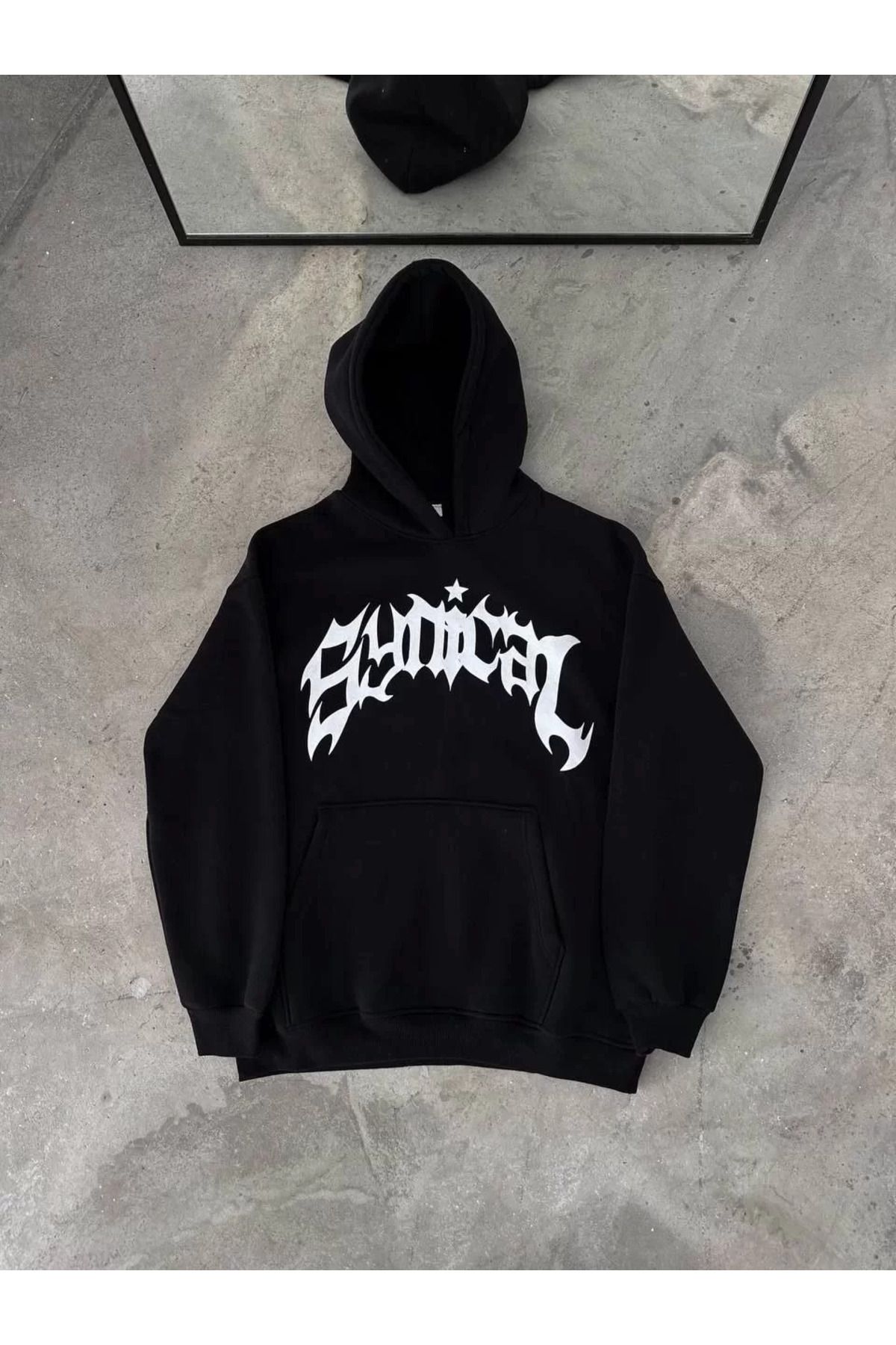 SA Alişveriş Dünyam Üç İplik Kapüşonlu Baskılı Oversize SweatShirt- Siyah