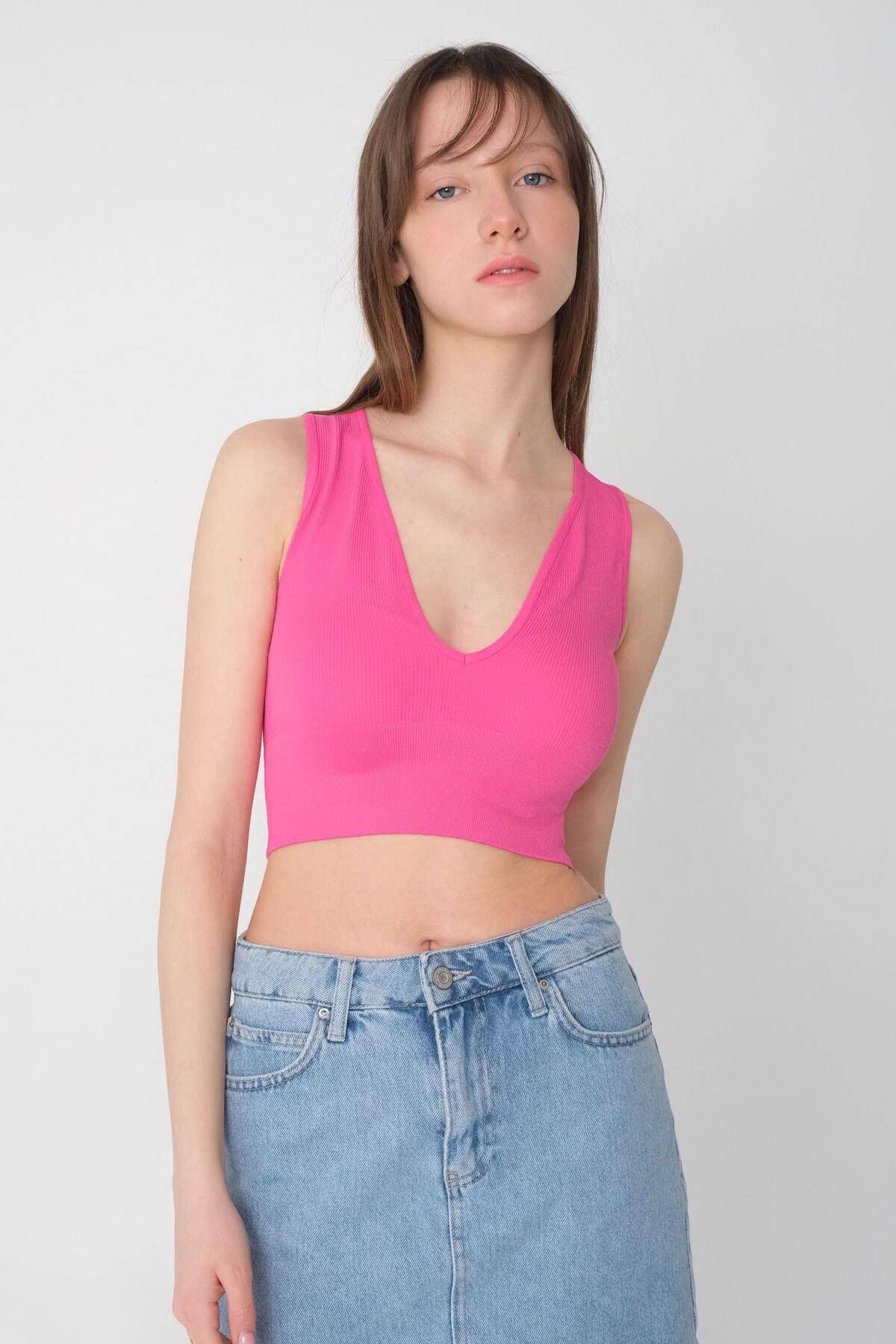 Addax-Thick Strap Seamless V-Neck Crop A0131-dk8 4