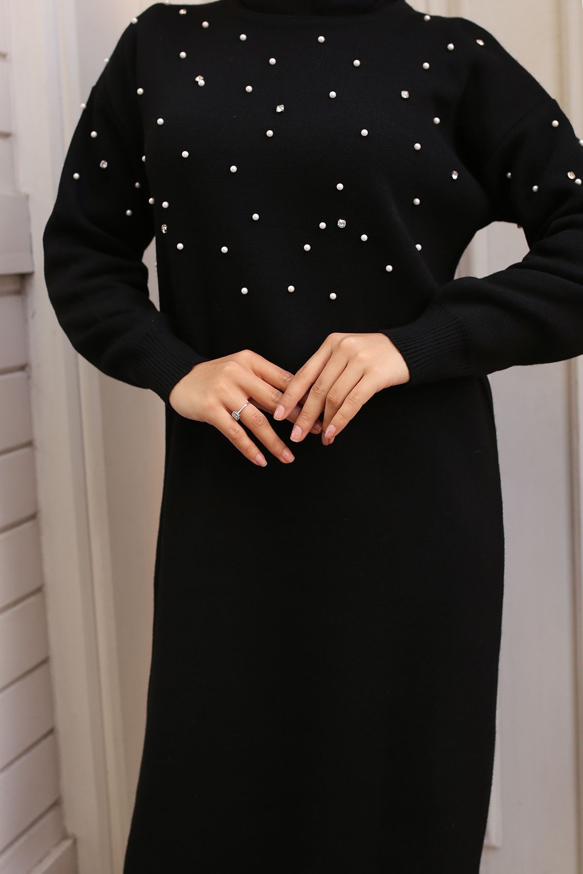 benguen-6079 Black Knitwear Dress - Pearl Detailed 3