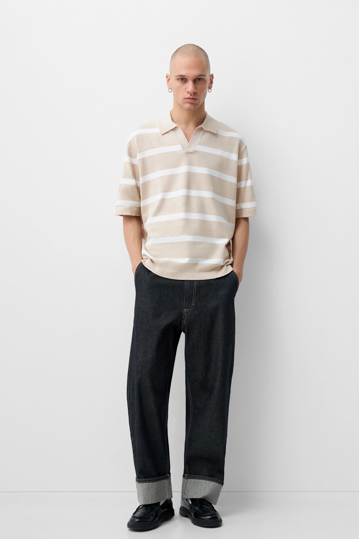 Bershka-Striped Texture Polo Collar T-Shirt 5