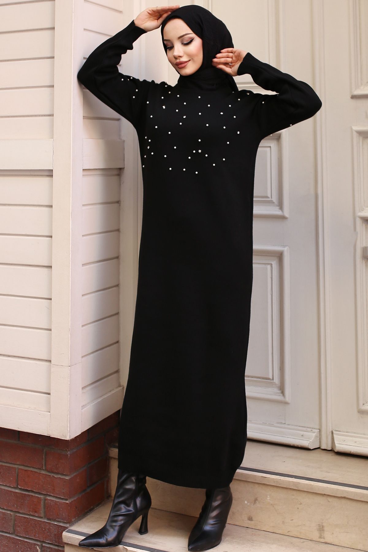 benguen-6079 Black Knitwear Dress - Pearl Detailed 5