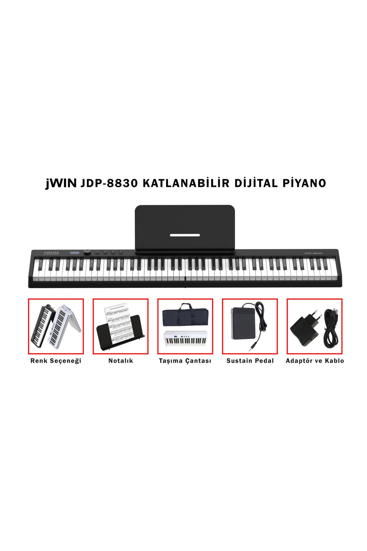 JWIN Jdp-8830 Katlanabilir Bluetooth Şarjlı Piyano - Siyah