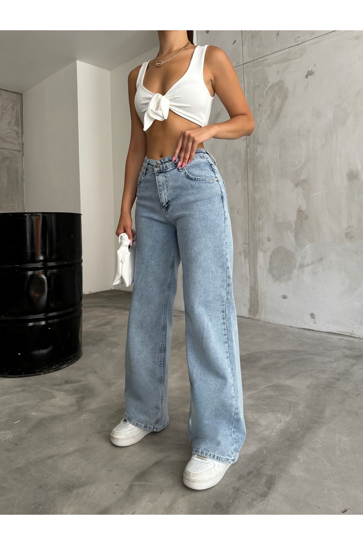 BİKELİFE Hellblaue, lockere, lässige Palazzo-Jeans für Damen mit hoher Taille und weitem Bein