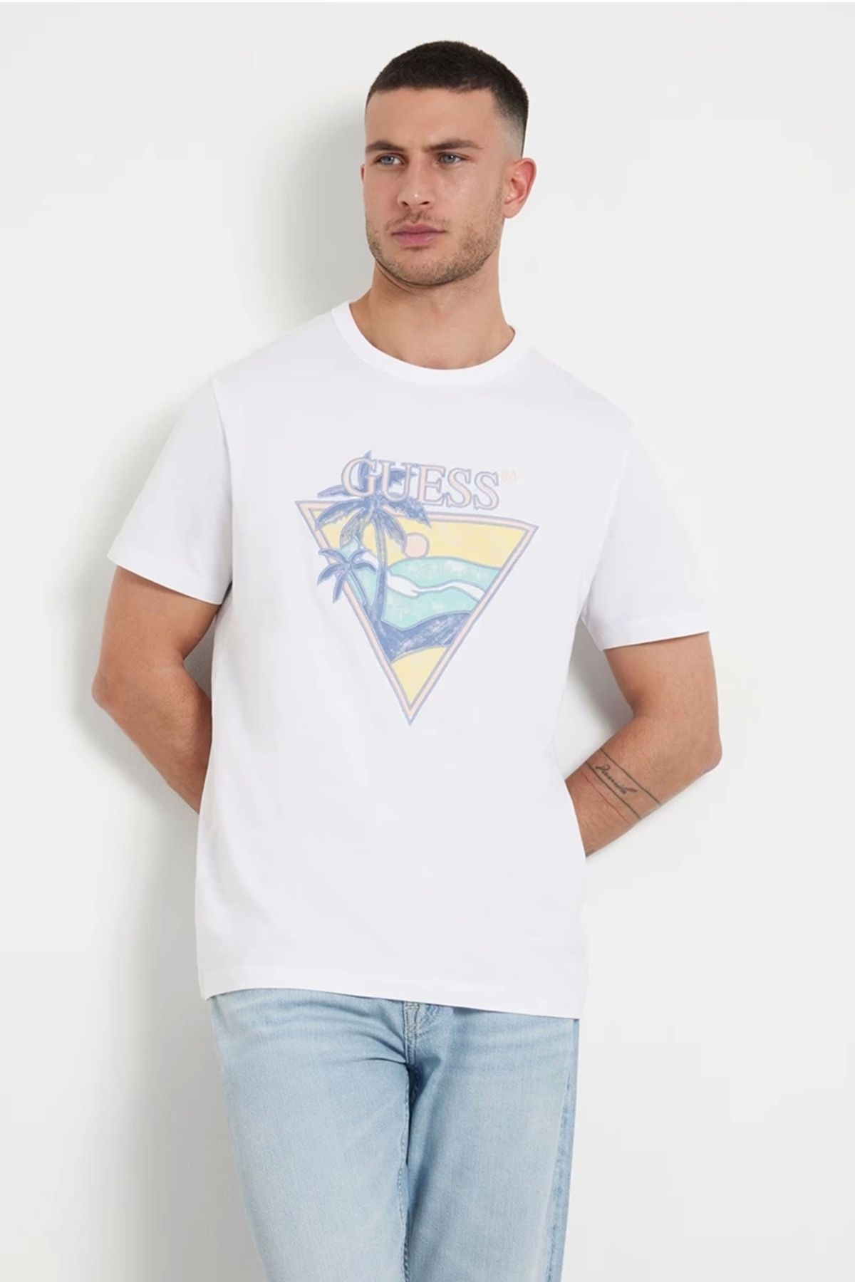 تی شرت سفید مردانه یقه دوچرخه طرح دار نر CN Summer Guess