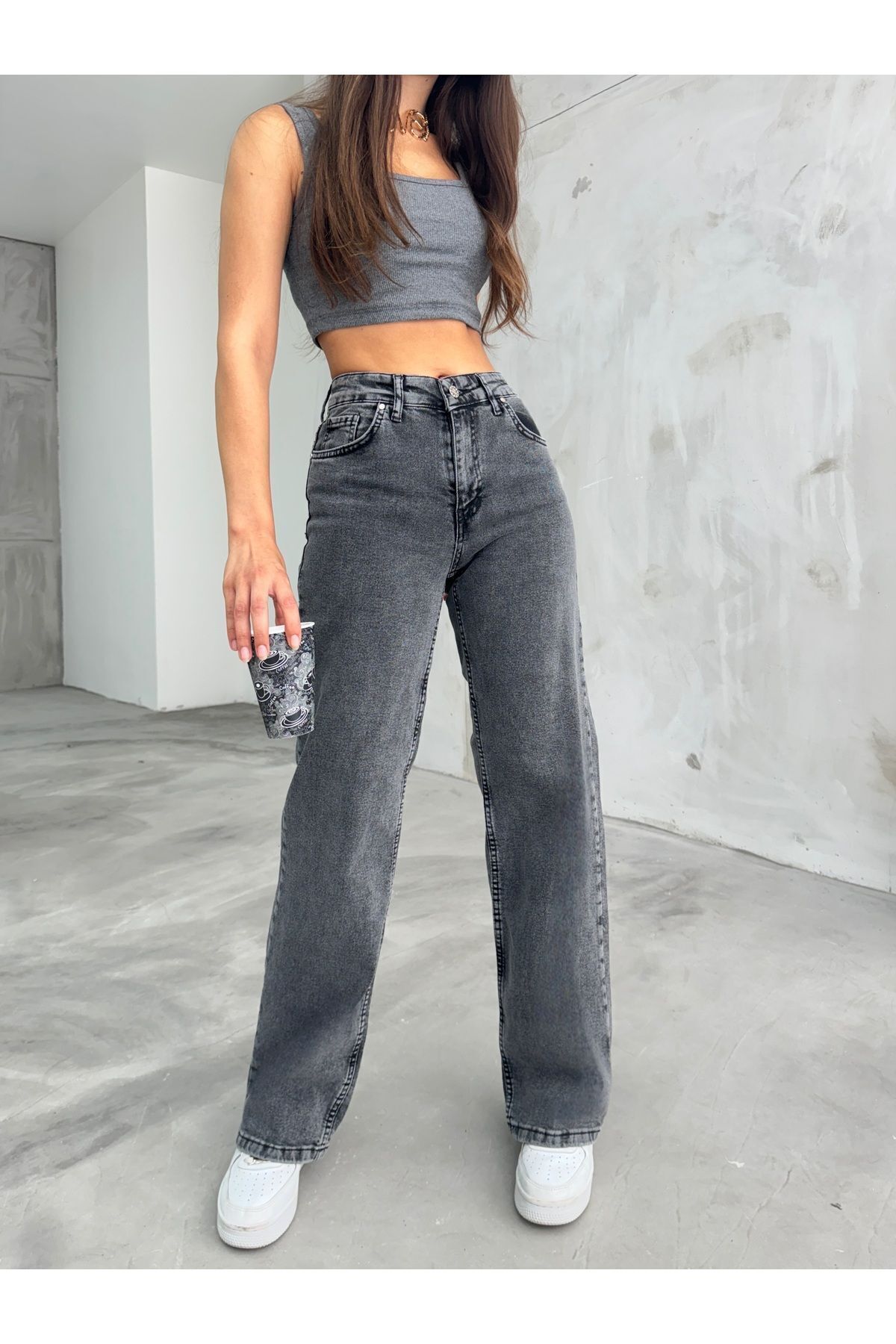 BİKELİFE-Geräucherte, schneegewaschene Palazzo-Jeans mit hoher Taille für Damen 3