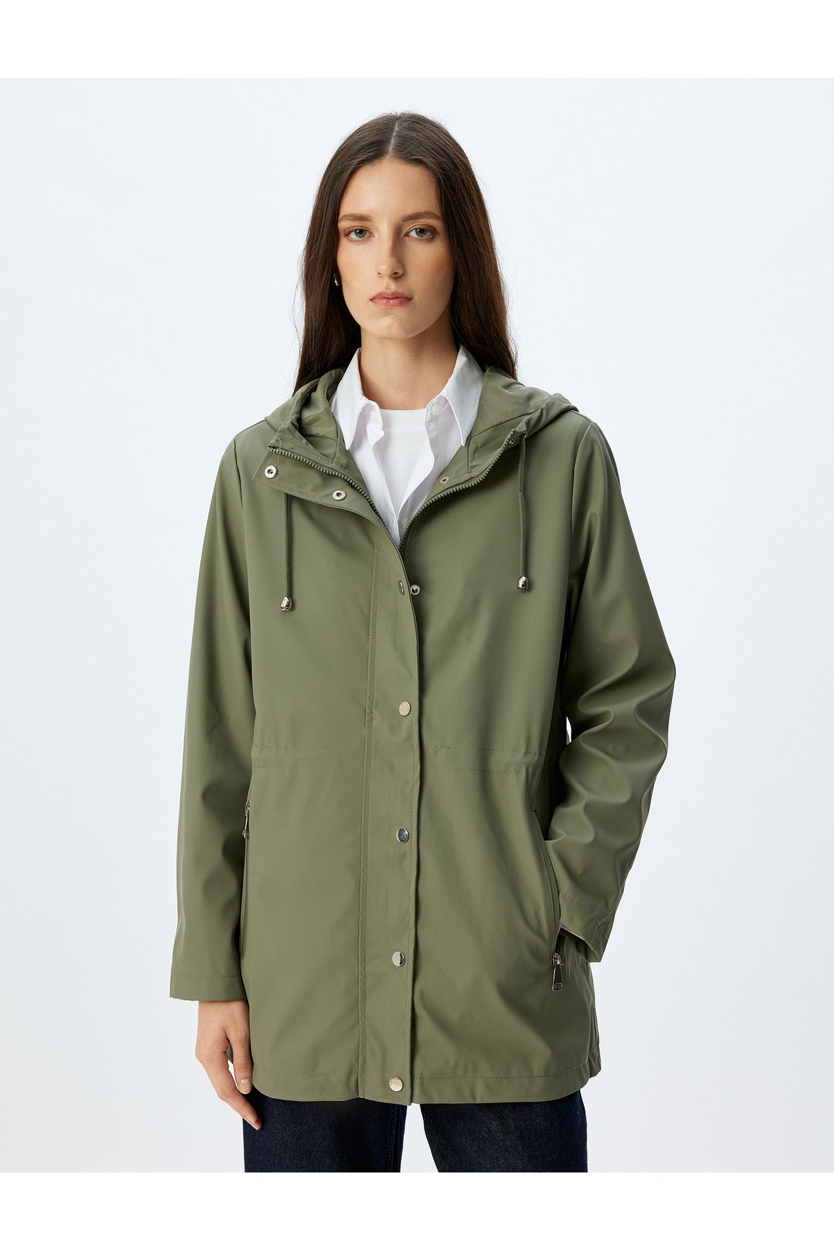 Koton-Hip Length Zippered Hooded Raincoat with Pockets 3