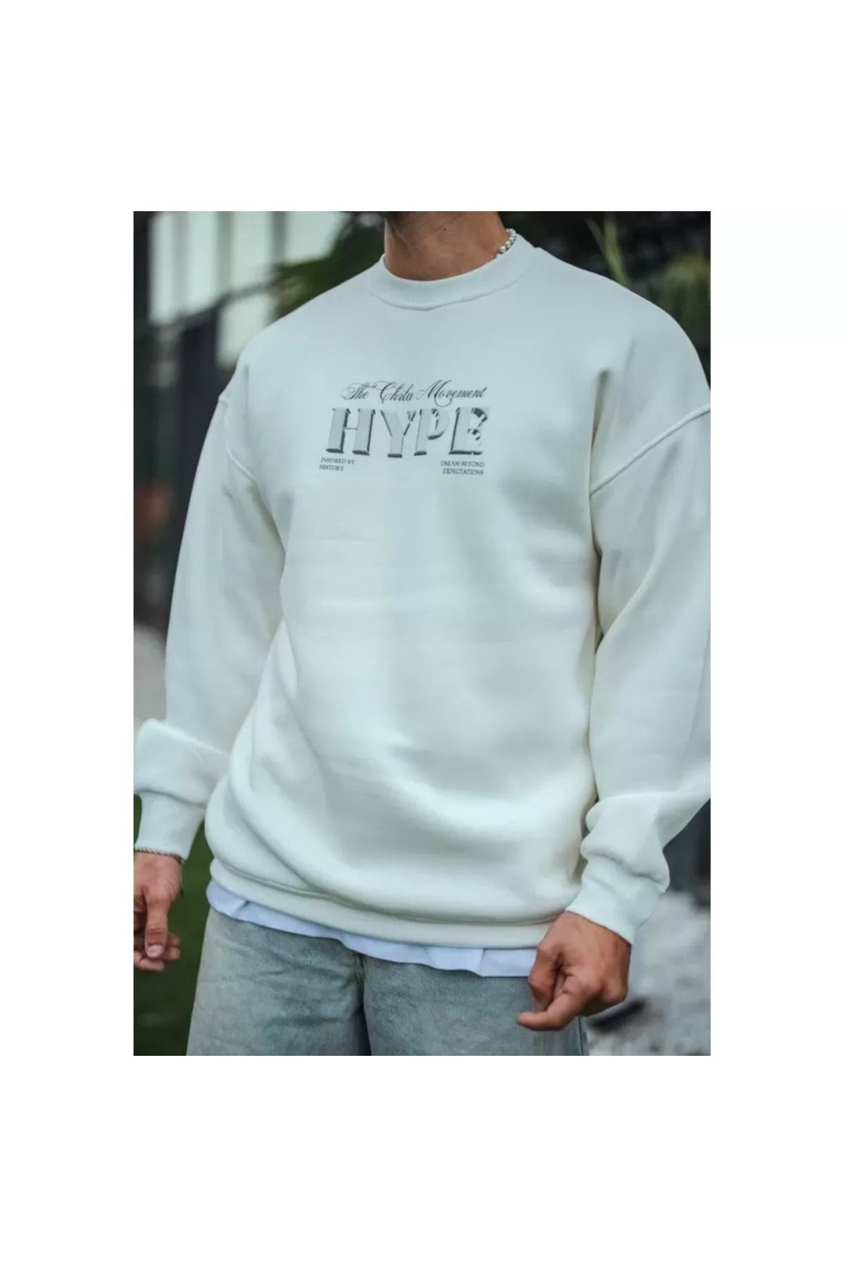 Bade Design Üç İplik Bisiklet Yaka Baskılı SweatShirt - Beyaz