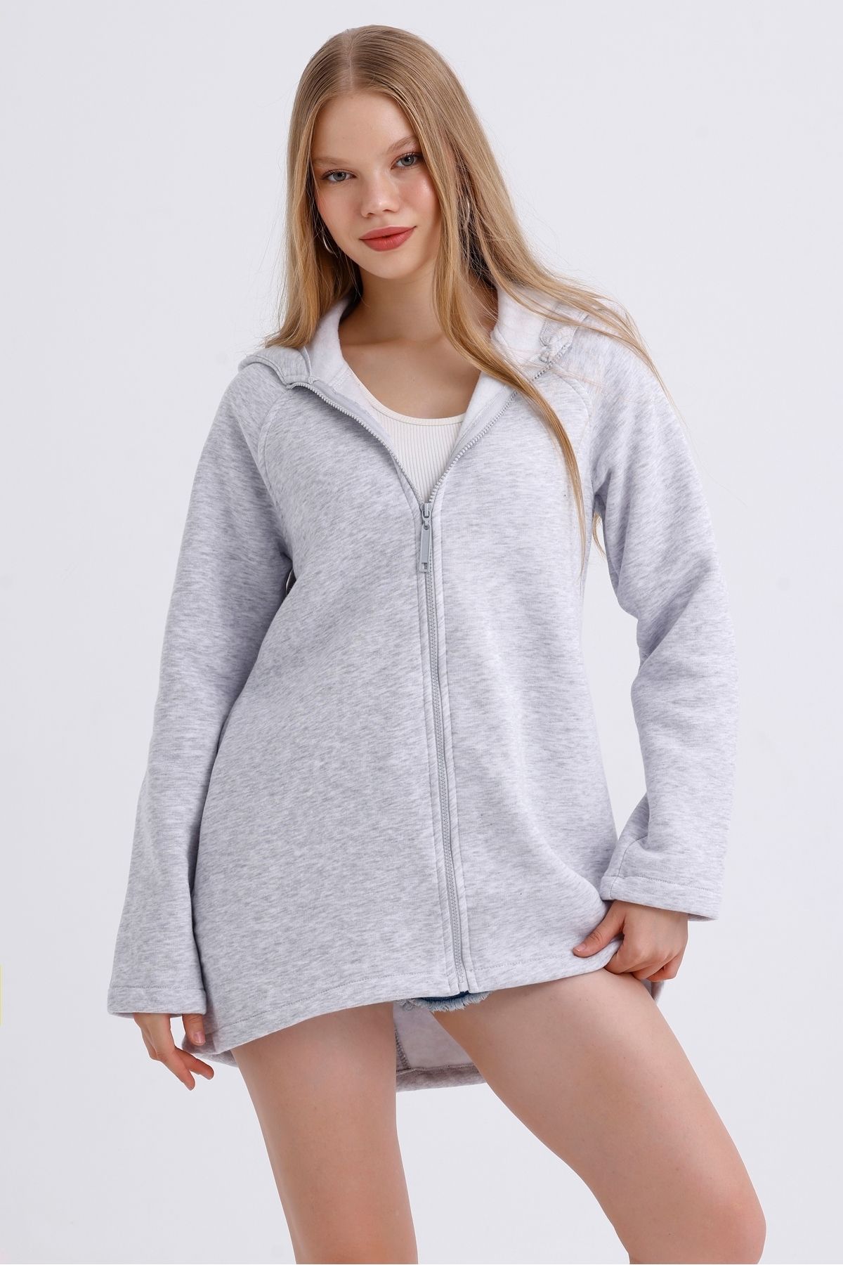 MD trend-Women's Hooded Zipper Closure Asymmetrical Fleece Inside Three Thread Oversize Sweatshirt 1