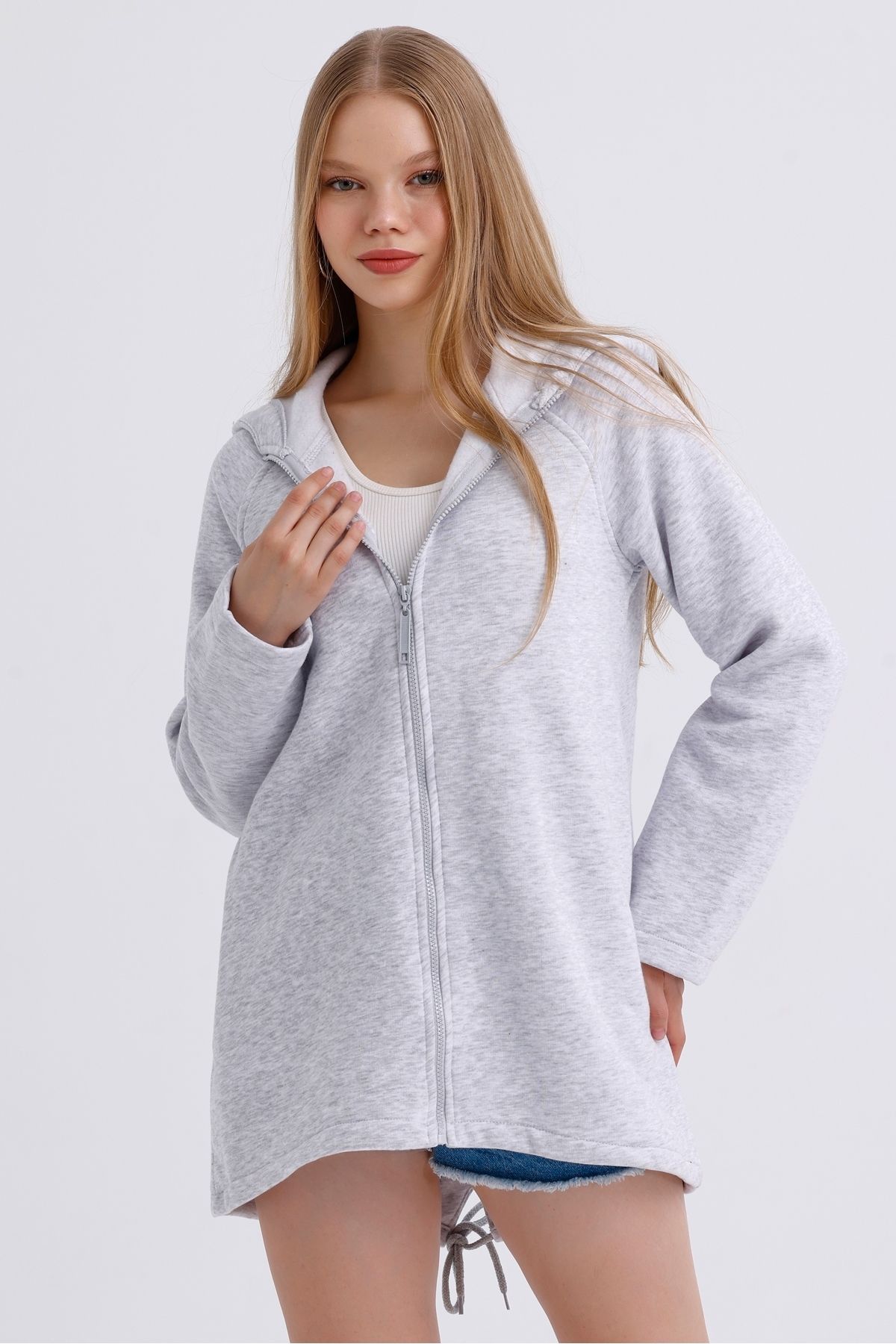 MD trend-Women's Hooded Zipper Closure Asymmetrical Fleece Inside Three Thread Oversize Sweatshirt 6