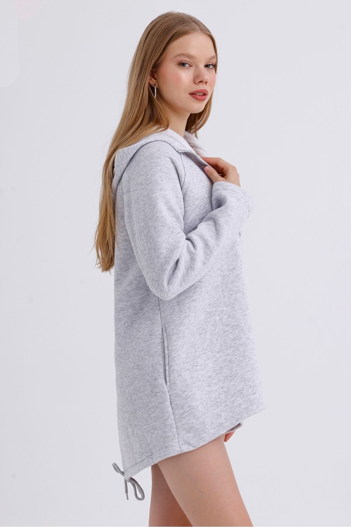 MD trend-Women's Hooded Zipper Closure Asymmetrical Fleece Inside Three Thread Oversize Sweatshirt 3