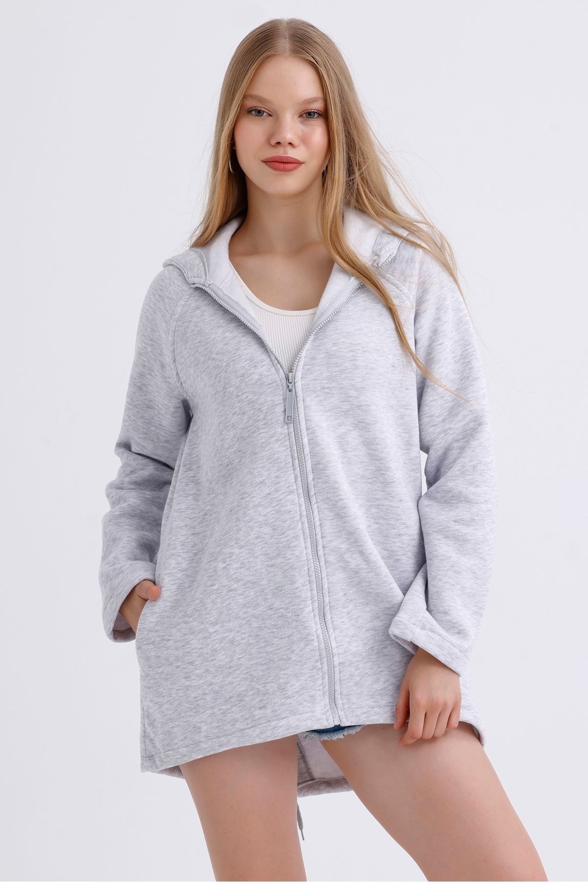 MD trend-Women's Hooded Zipper Closure Asymmetrical Fleece Inside Three Thread Oversize Sweatshirt 4