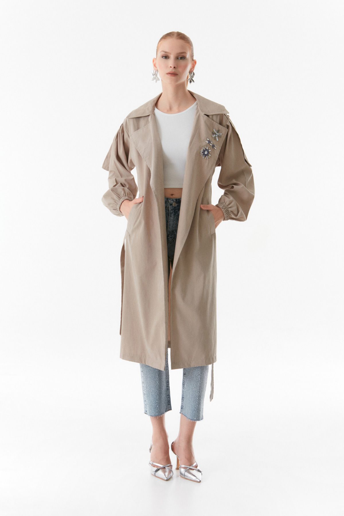 Fulla Moda-Stone Embroidered Double Breasted Collar Trench Coat 2