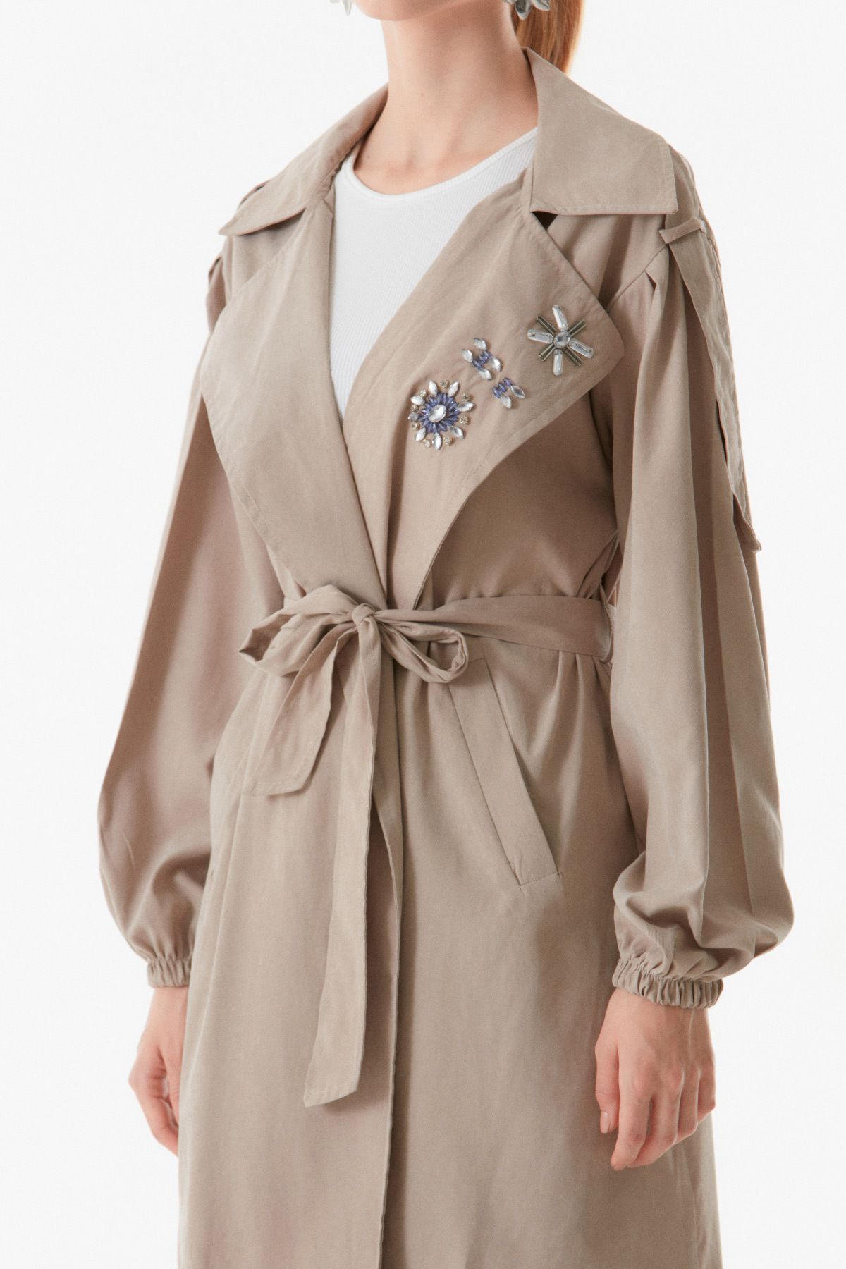 Fulla Moda-Stone Embroidered Double Breasted Collar Trench Coat 7