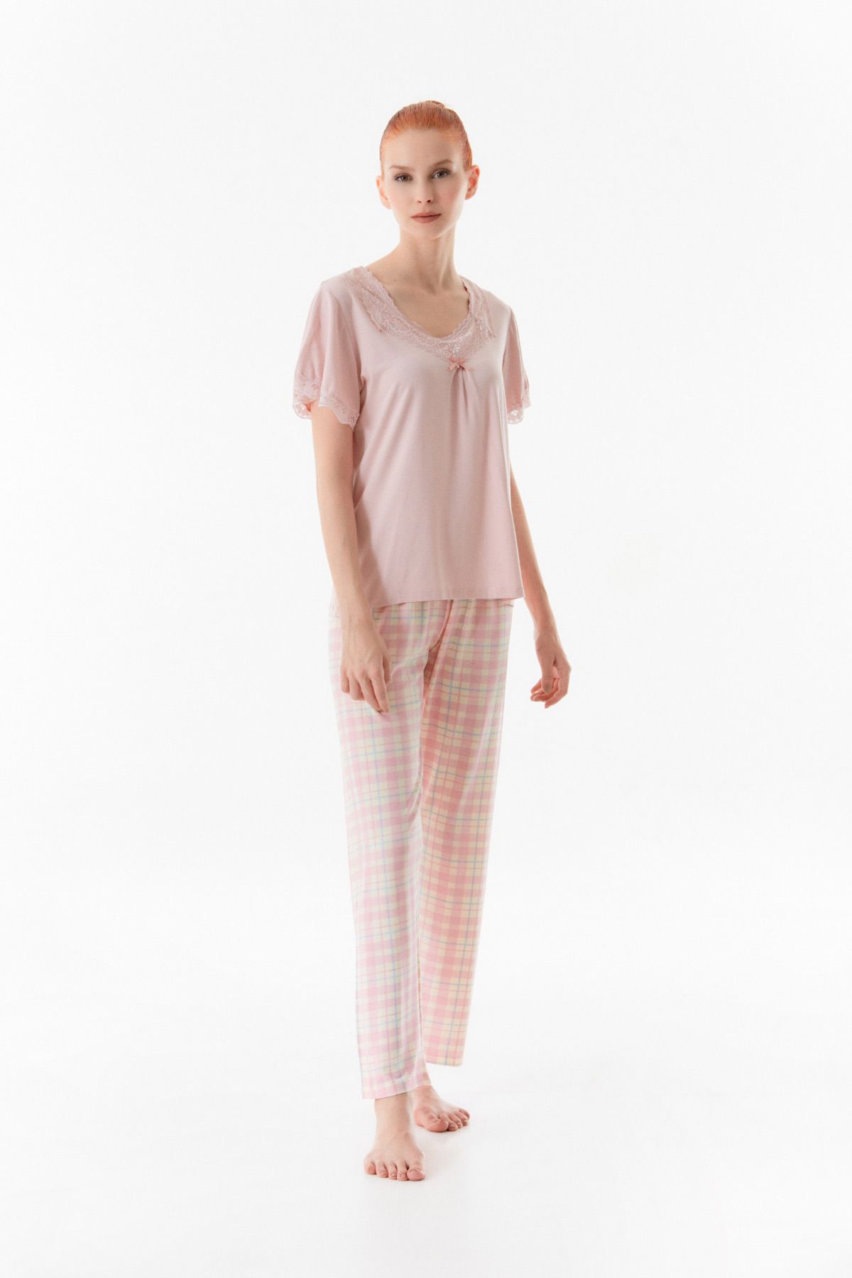 Fulla Moda-Lace Detailed Gingham Patterned Pajama Set 2