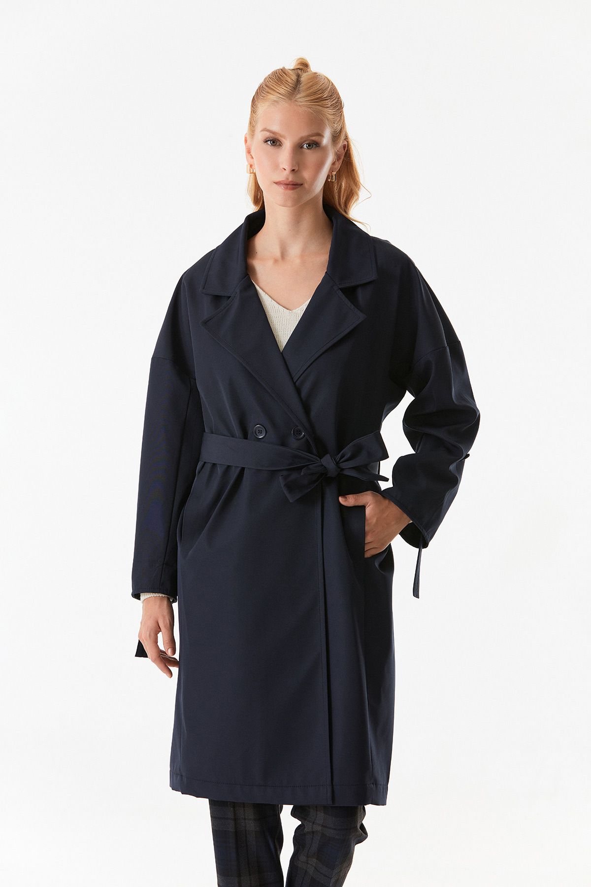 Fulla Moda-Foldable Sleeve and Double Breasted Collar Trench Coat 1