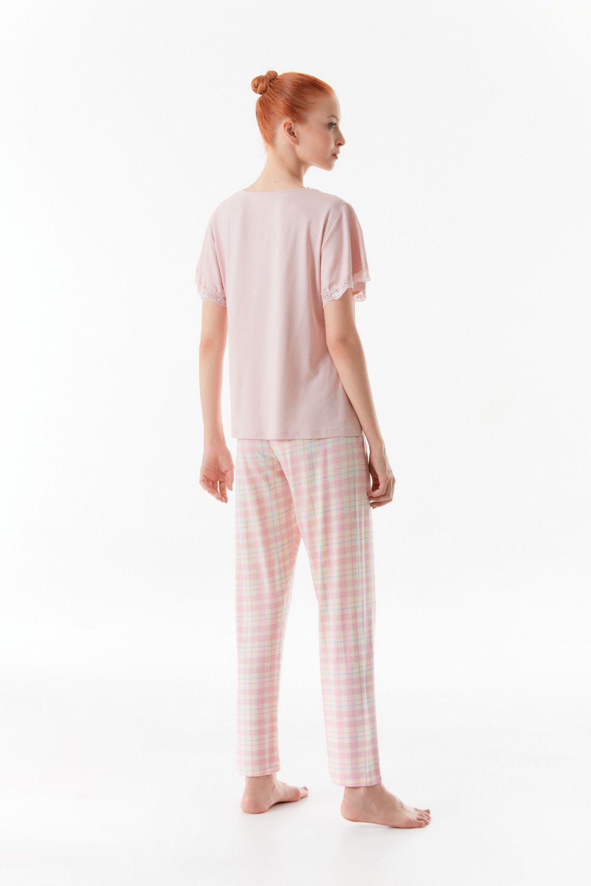 Fulla Moda-Lace Detailed Gingham Patterned Pajama Set 4