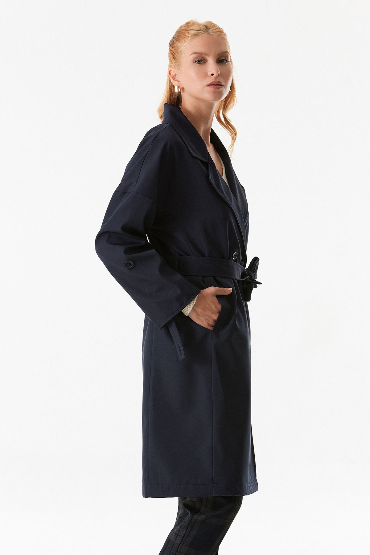 Fulla Moda-Foldable Sleeve and Double Breasted Collar Trench Coat 5