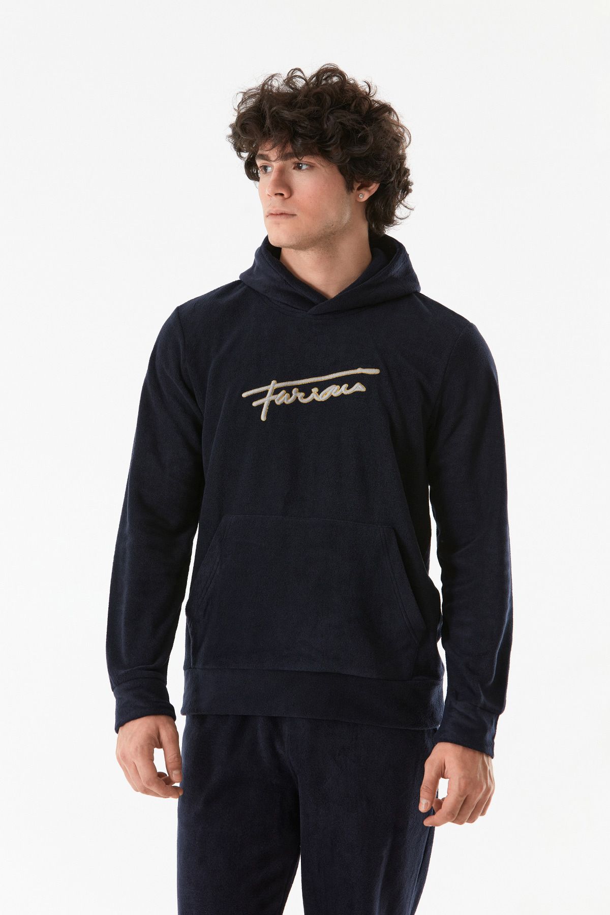 Fulla Moda-Hooded Fleece Sweatshirt - Text Embroidery and Kangaroo Pocket 2