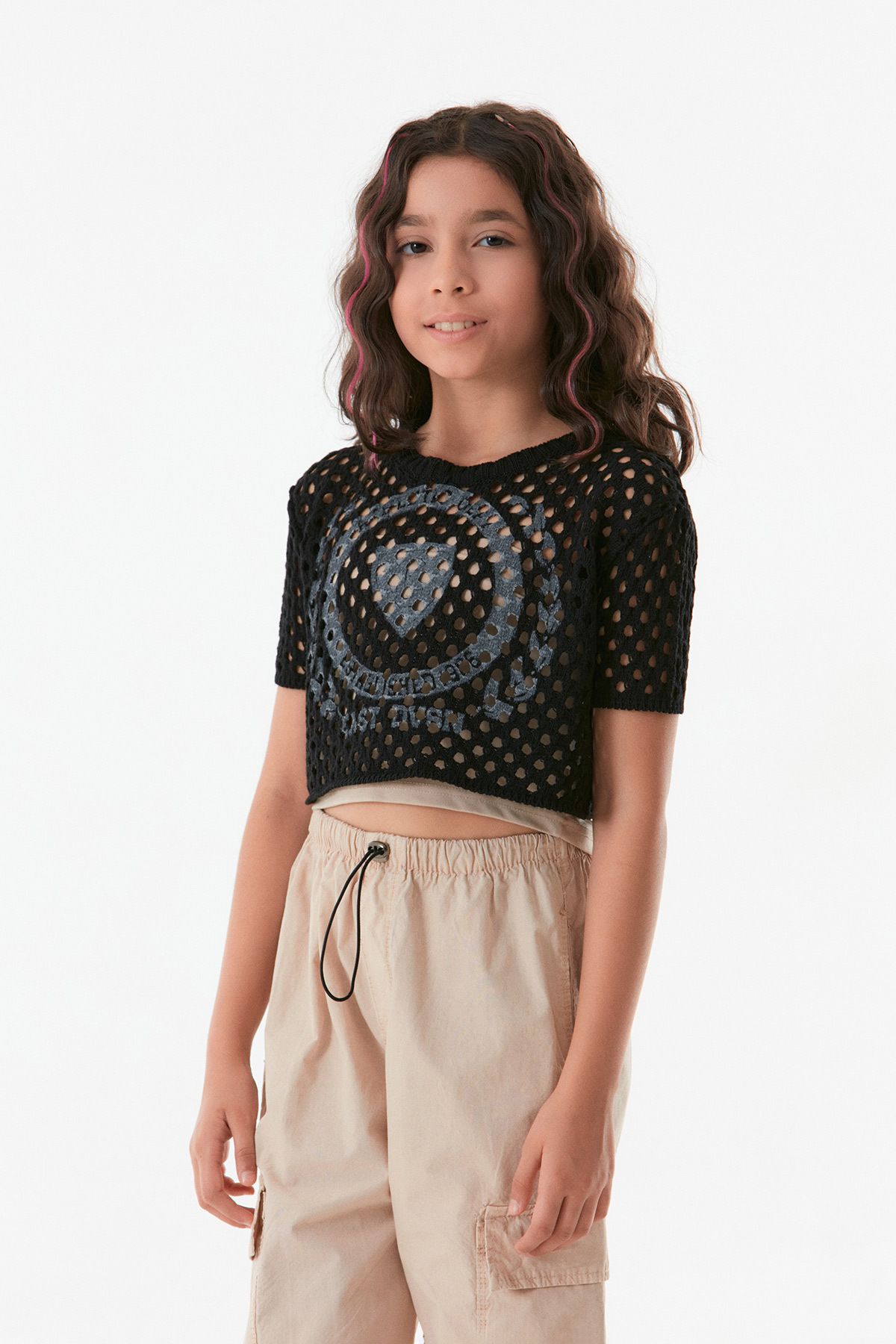 Fulla Moda-Openwork Printed Girl's Crop Blouse 4