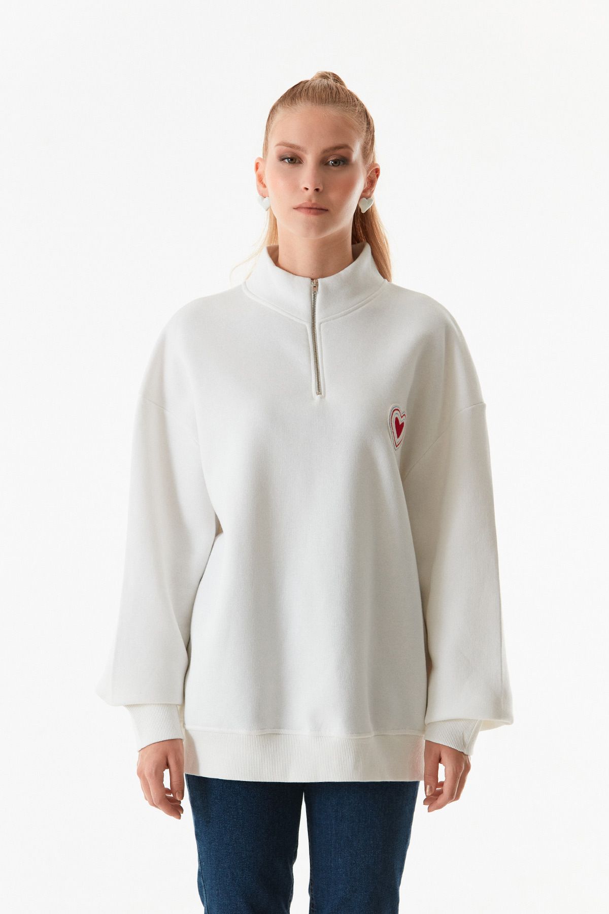 Fulla Moda-Heart Embroidered Stand Collar Oversize Sweatshirt 8