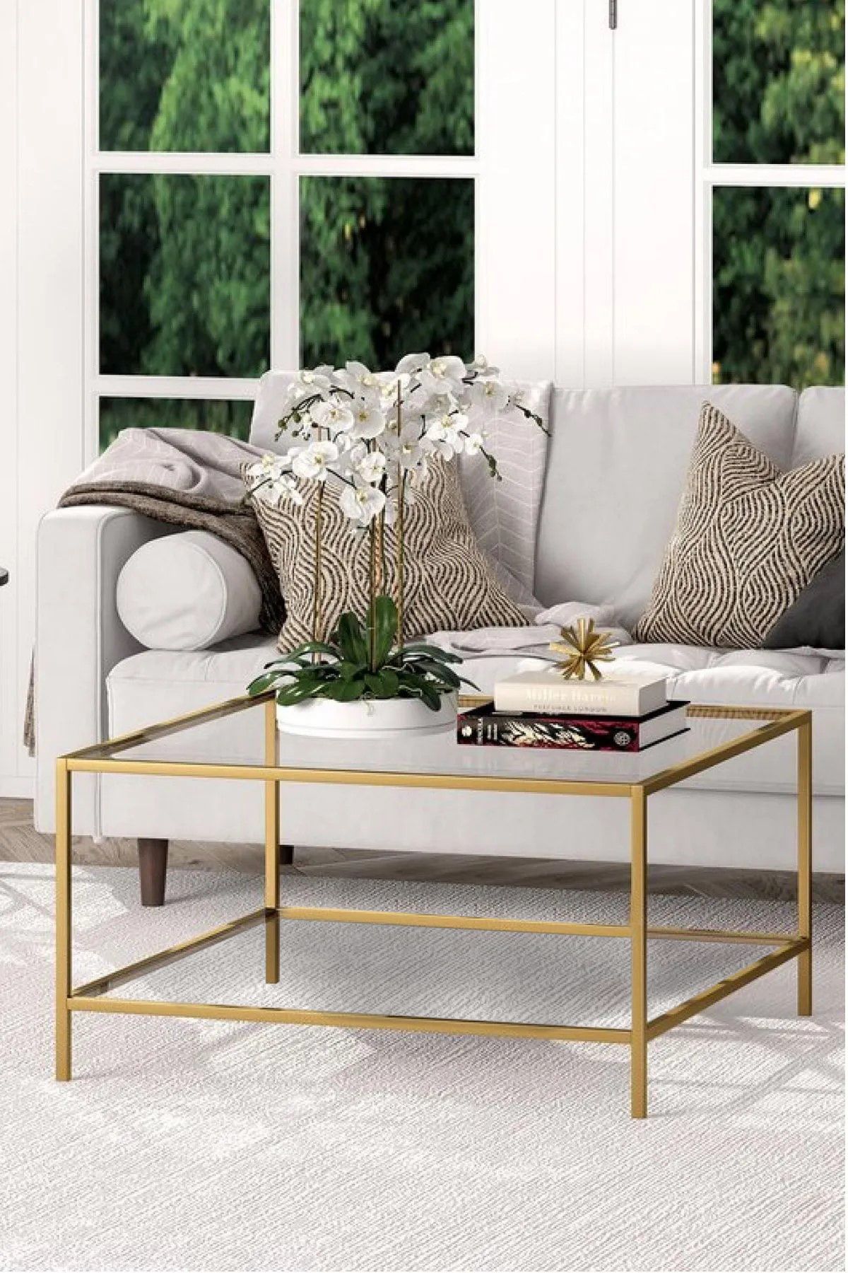 tino furniture Oslo Gold Metal Kare Orta Sehpa Şeffaf Camlı