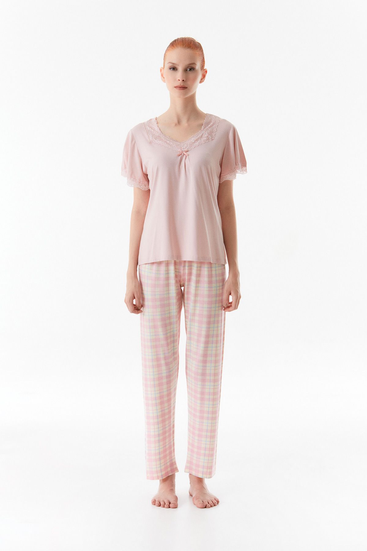 Fulla Moda-Lace Detailed Gingham Patterned Pajama Set 8