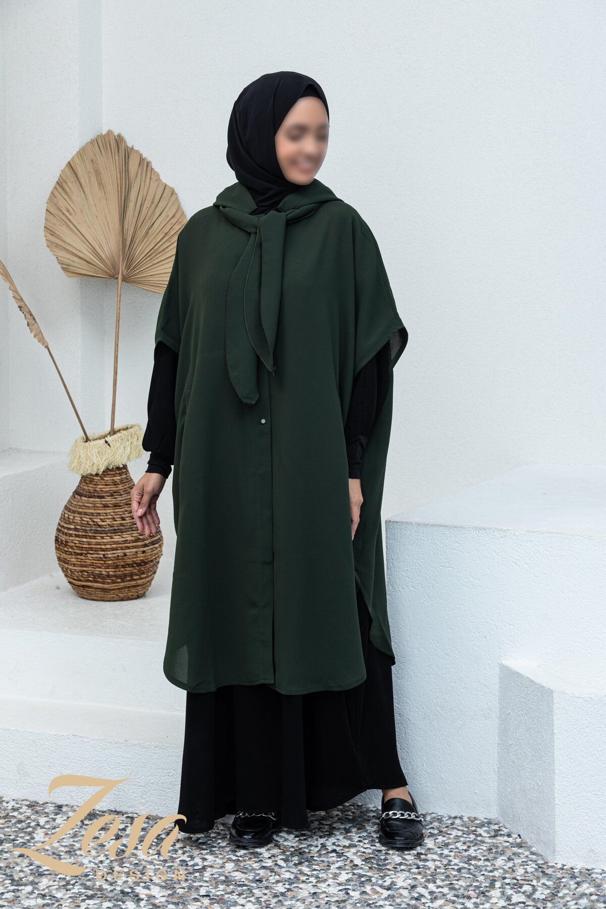 VALENS BOUTİQUE-Summer Crepe Poncho with Removable Hood and Scarf Teseture Poncho 1