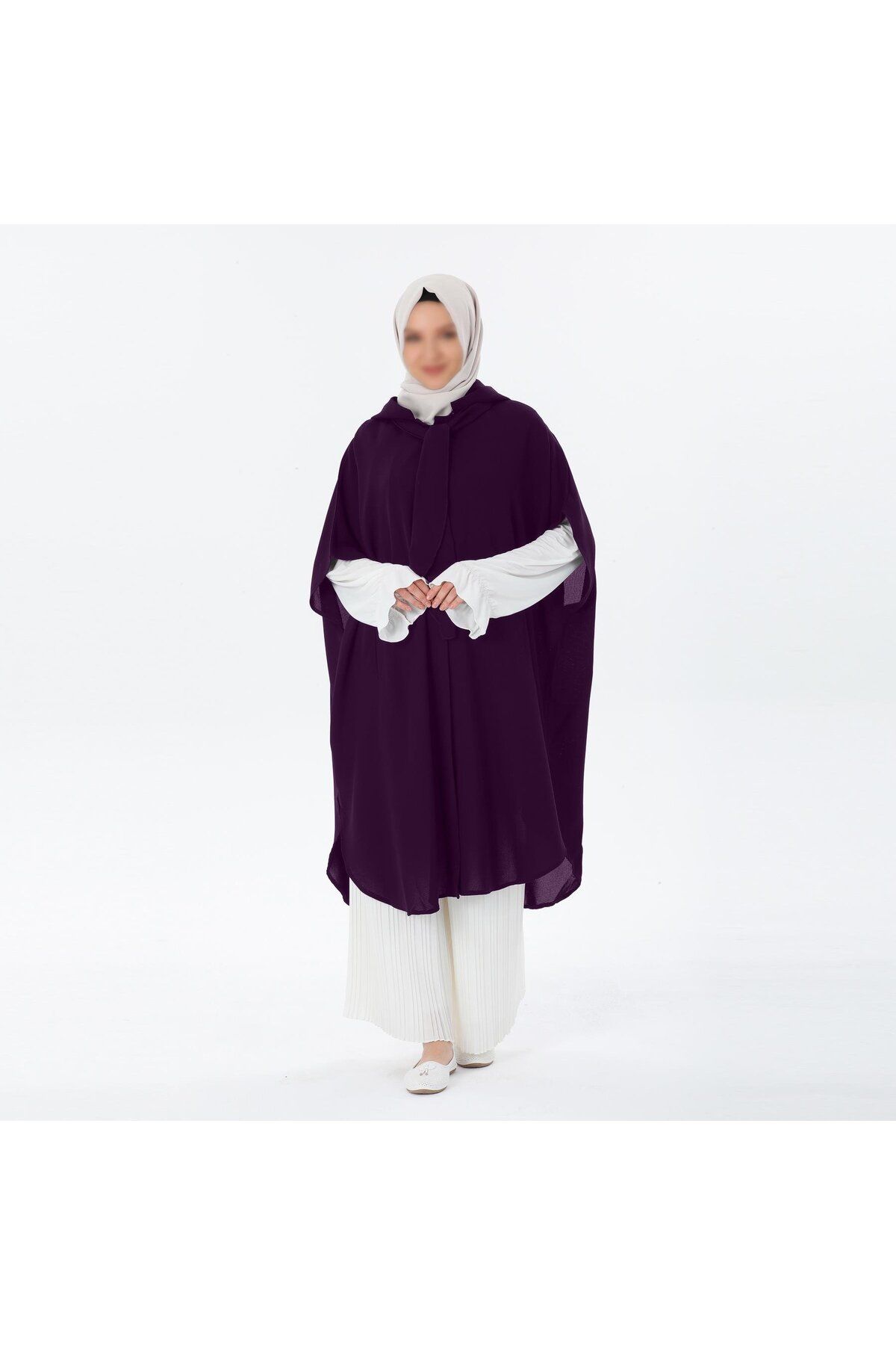 VALENS BOUTİQUE-Summer Crepe Poncho with Removable Hood and Scarf Teseture Poncho 4