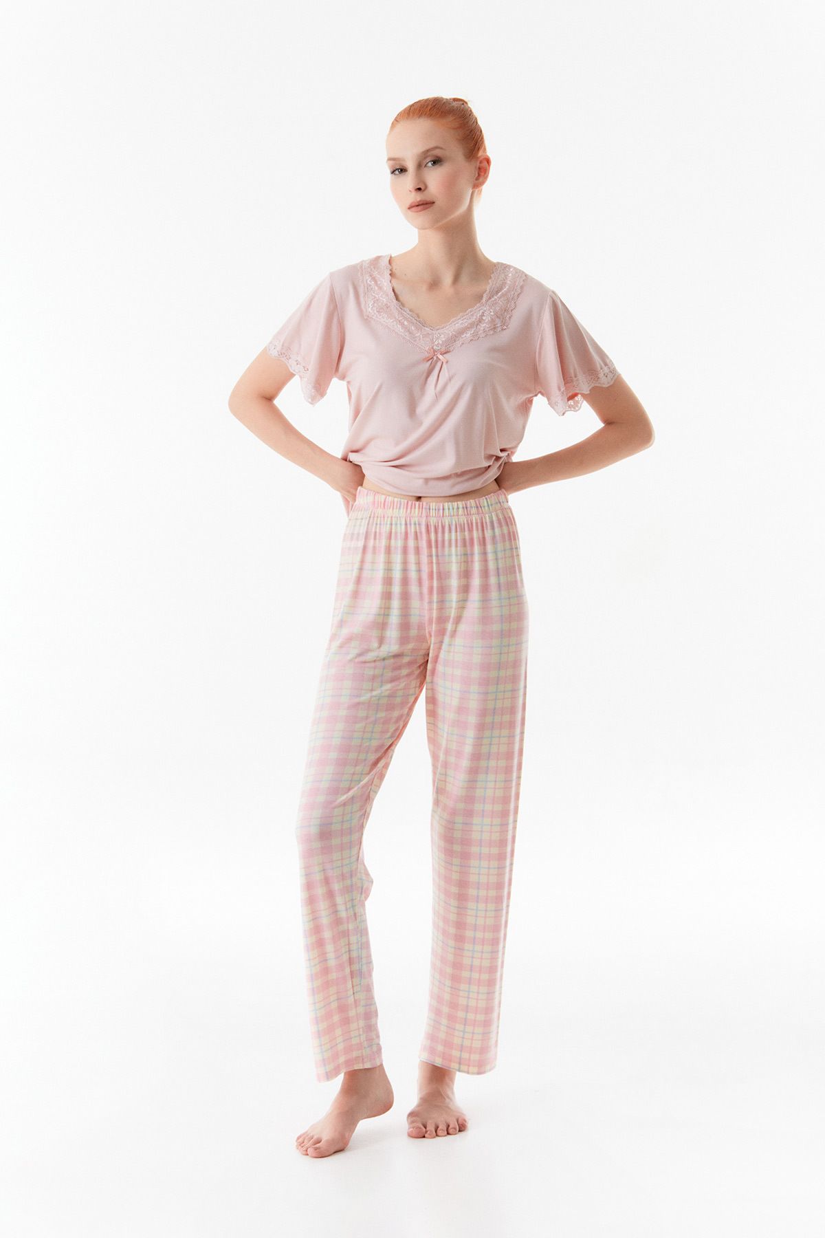 Fulla Moda-Lace Detailed Gingham Patterned Pajama Set 6