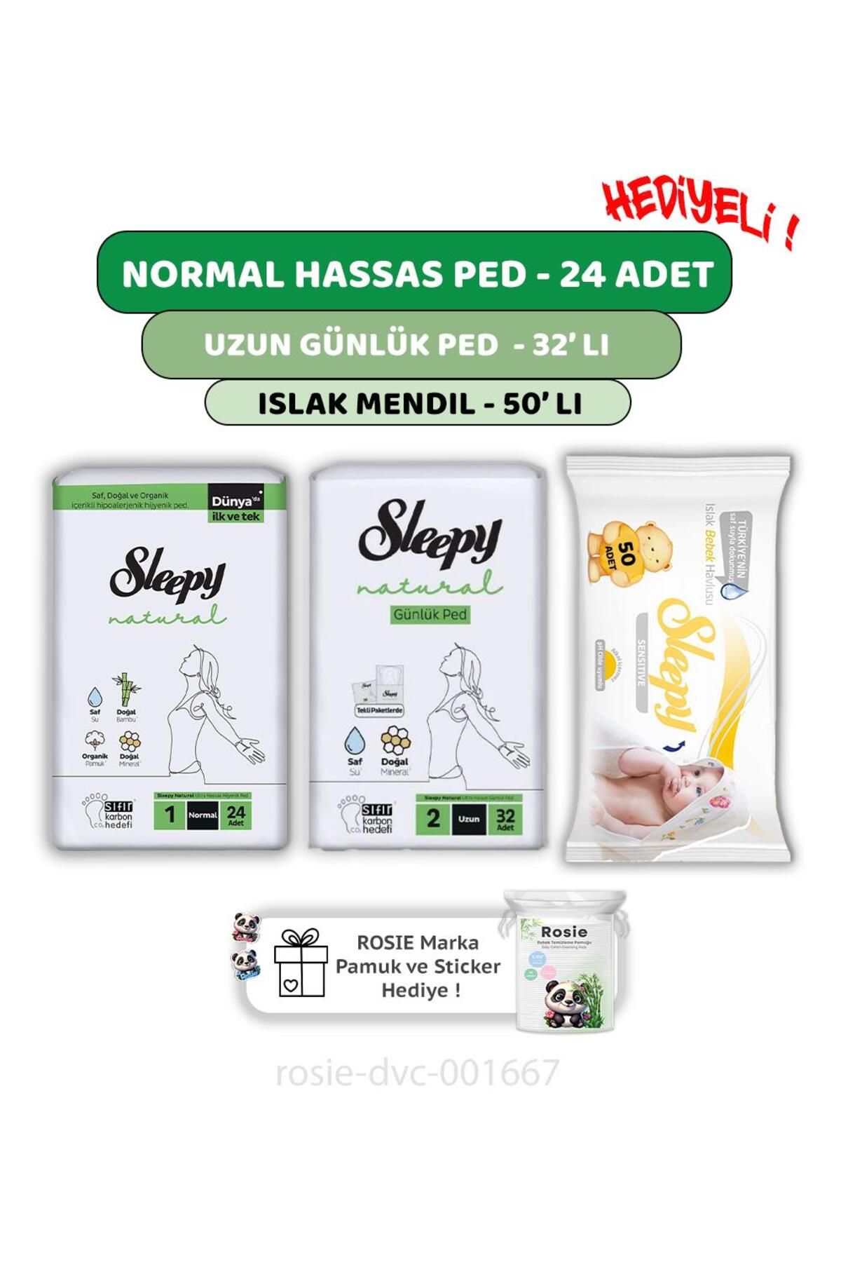 Sleepy Natural Ultra Hassas Normal Ped 24'lü,Günlük Ped 32'li, Sensitive 50'li Mendil ve ROSIE