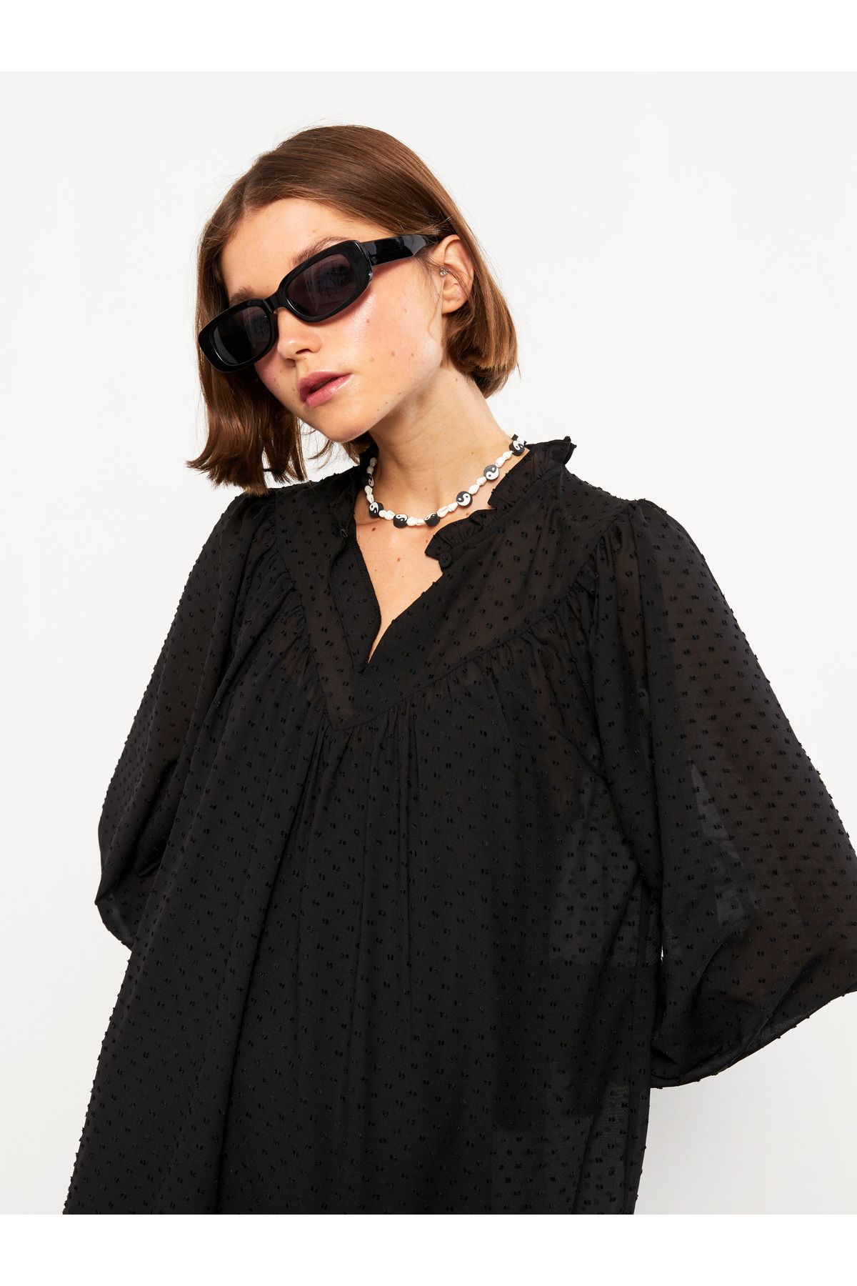 LC Waikiki-Stand Collar Self Patterned Long Sleeve Satin Women's Dress 3