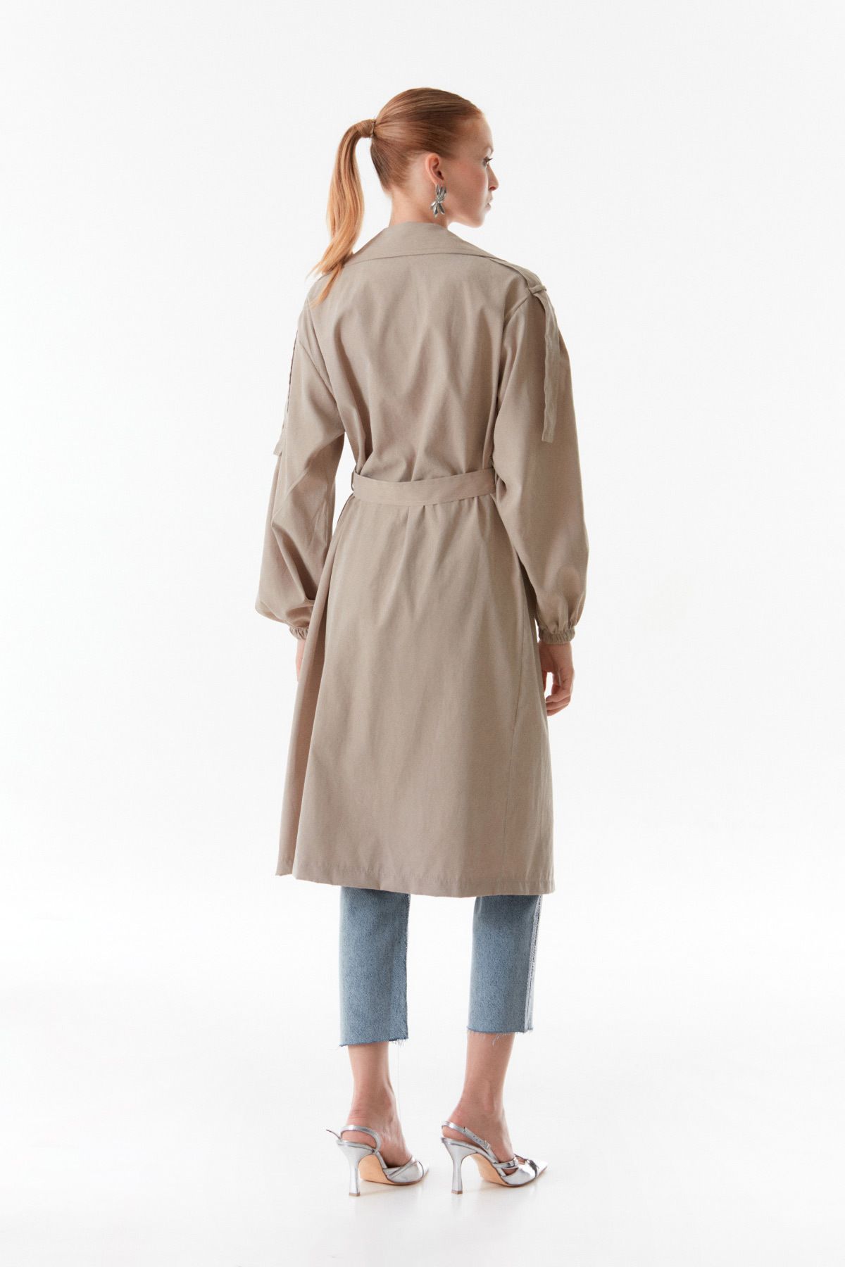 Fulla Moda-Stone Embroidered Double Breasted Collar Trench Coat 5