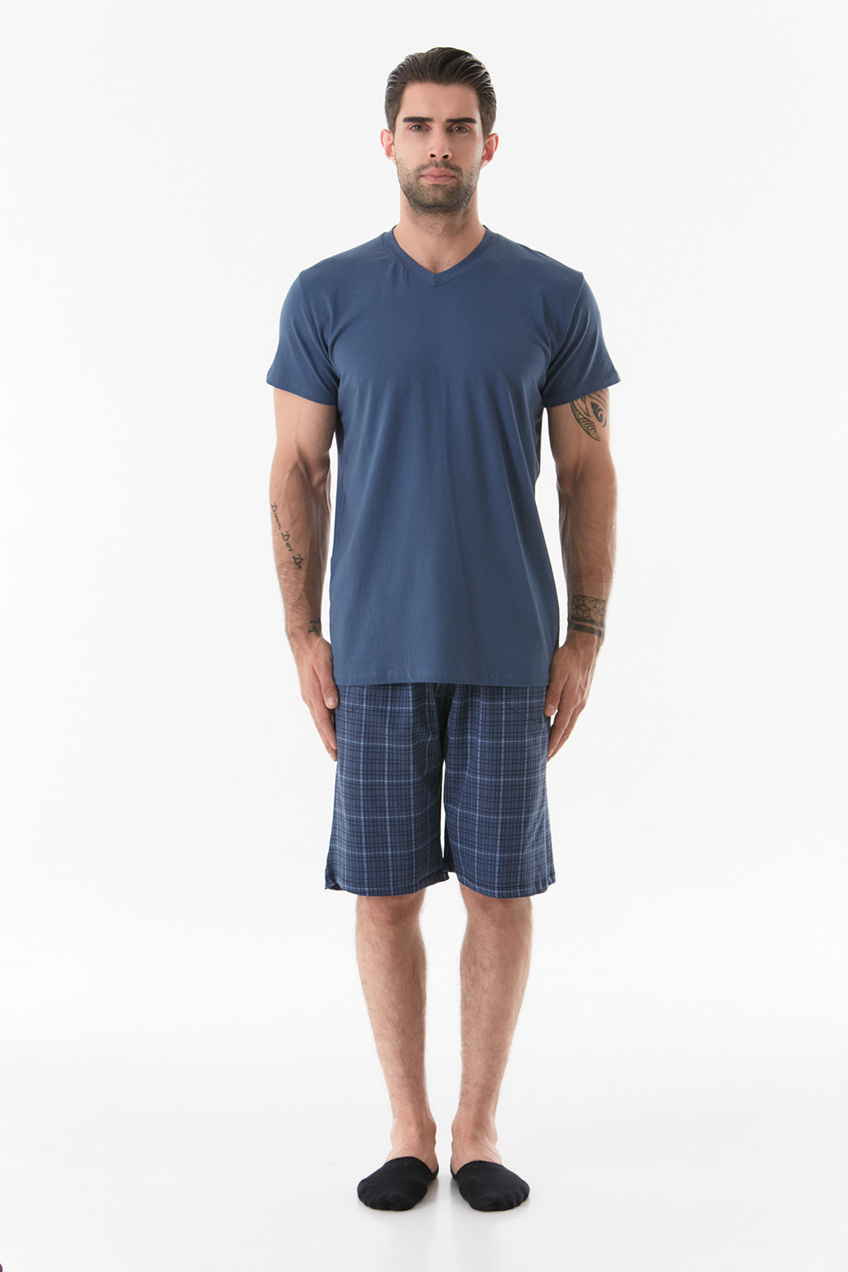 Fulla Moda-V-Neck Plaid Pajama Set 6