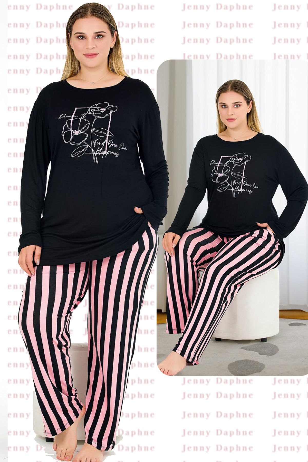 Jenny Daphne-Plus Size Striped Soft Viscose Pajamas Set - Long Sleeve Black Top 11382 1