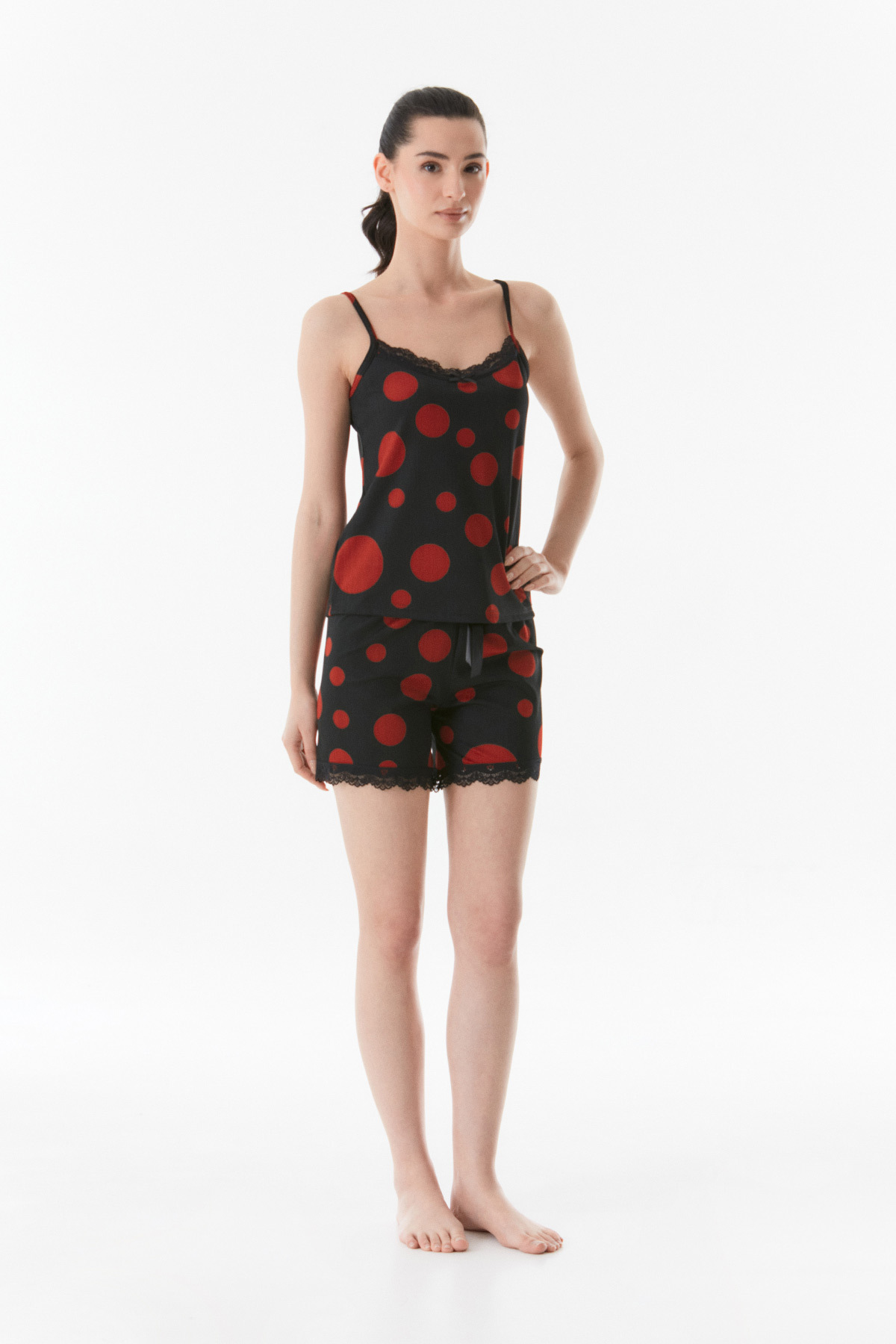 Fulla Moda-Pajama Set with Polka Dot String Strap Shorts 2