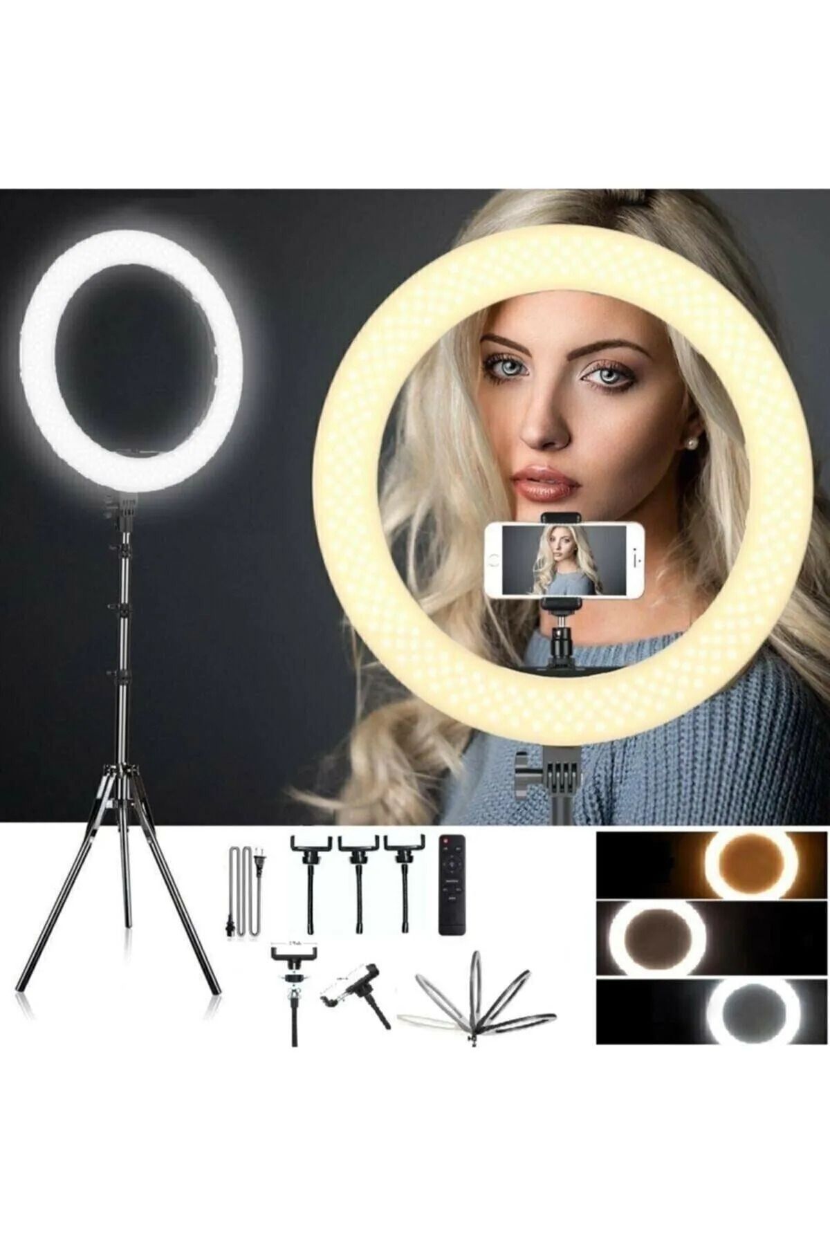 Ring Light-21 Led Rl-21 Inç Selfie Işık 75W 220V Girişli 3 Adet Telefon Tutacaklı Uzaktan Kumandalı