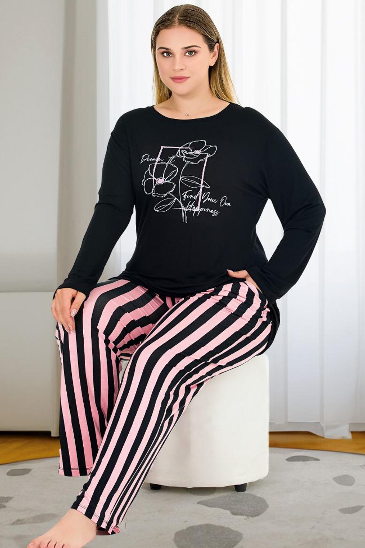 Jenny Daphne-Plus Size Striped Soft Viscose Pajamas Set - Long Sleeve Black Top 11382 2